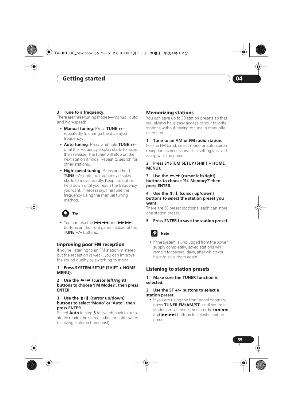 Improving poor fm reception, Memorizing stations, Listening to station presets | Getting started 04 | Pioneer S-HTD330 User Manual | Page 35 / 92