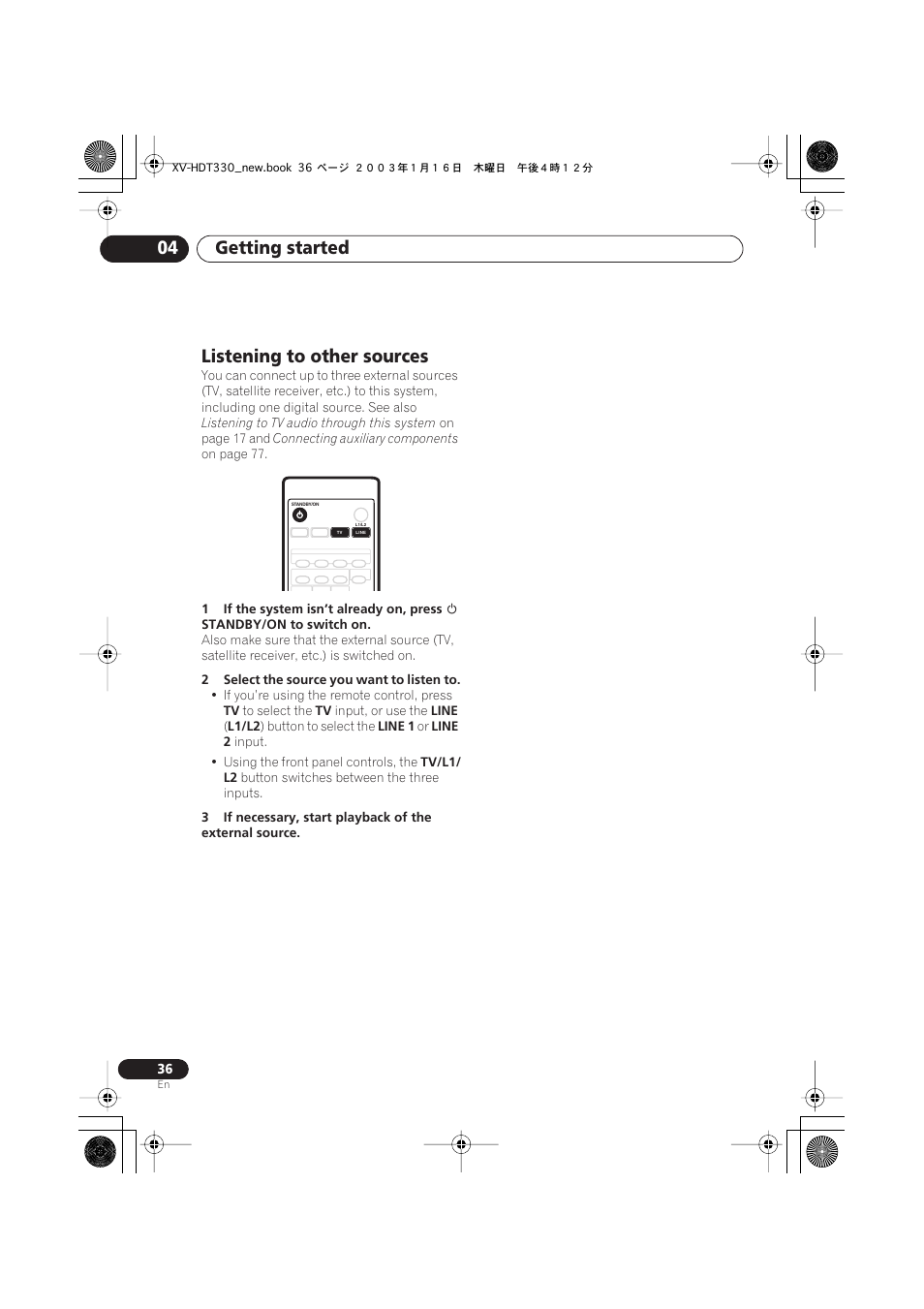 Listening to other sources, Getting started 04 | Pioneer S-HTD330 User Manual | Page 36 / 92