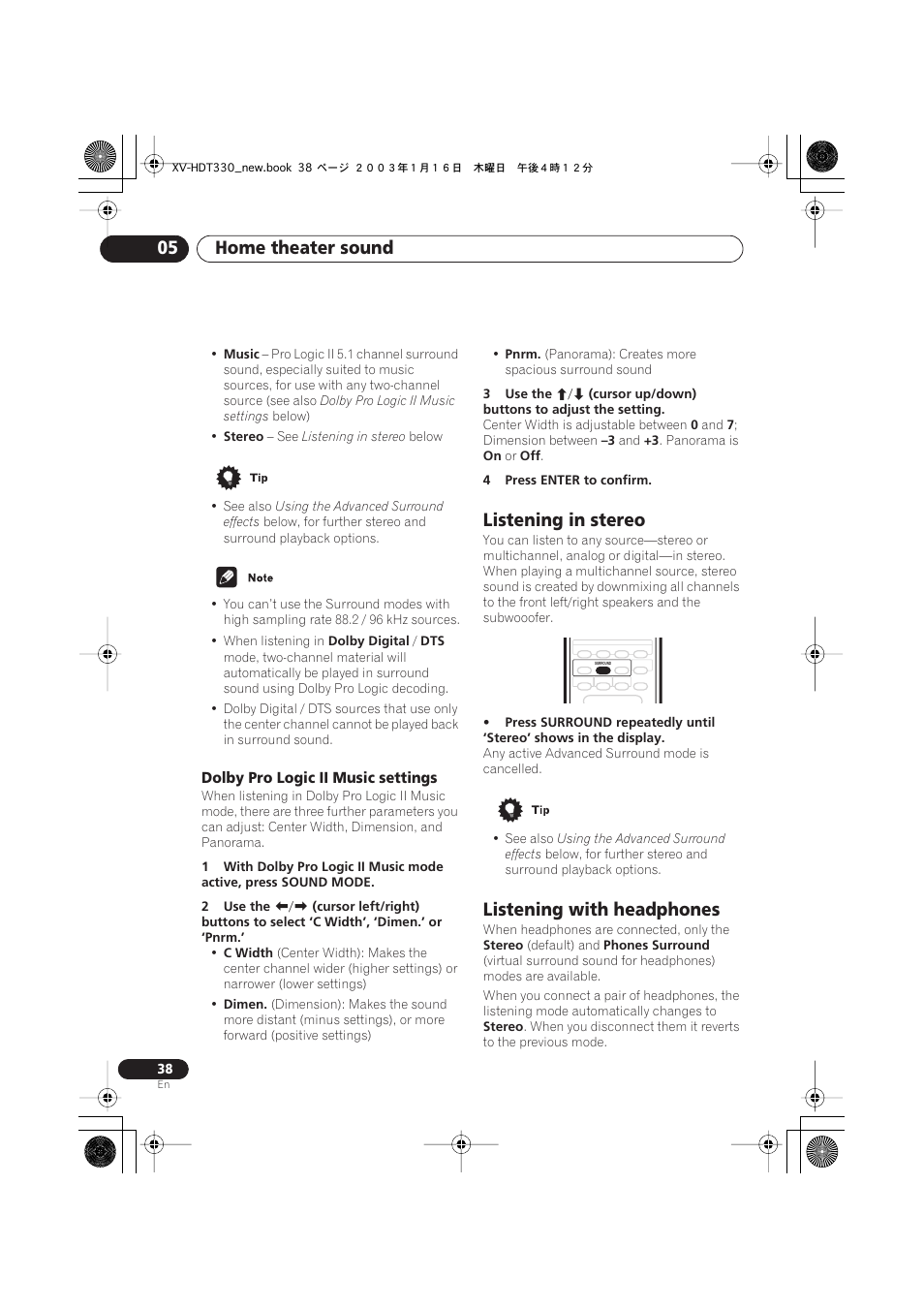 Dolby pro logic ii music settings, Listening in stereo, Listening with headphones | Home theater sound 05 | Pioneer S-HTD330 User Manual | Page 38 / 92