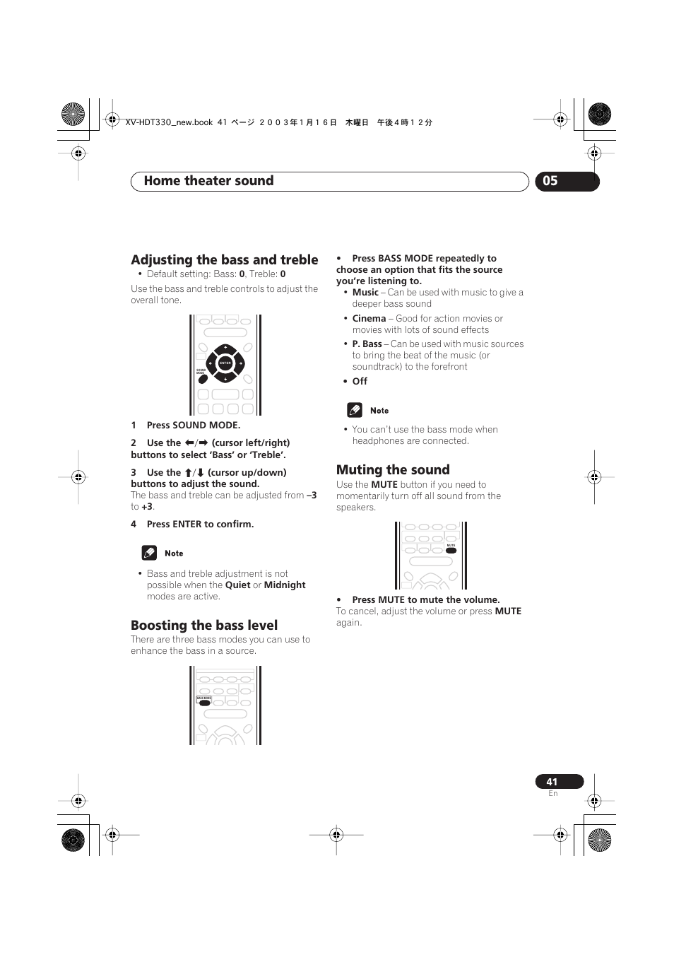 Adjusting the bass and treble, Boosting the bass level, Muting the sound | Home theater sound 05 | Pioneer S-HTD330 User Manual | Page 41 / 92