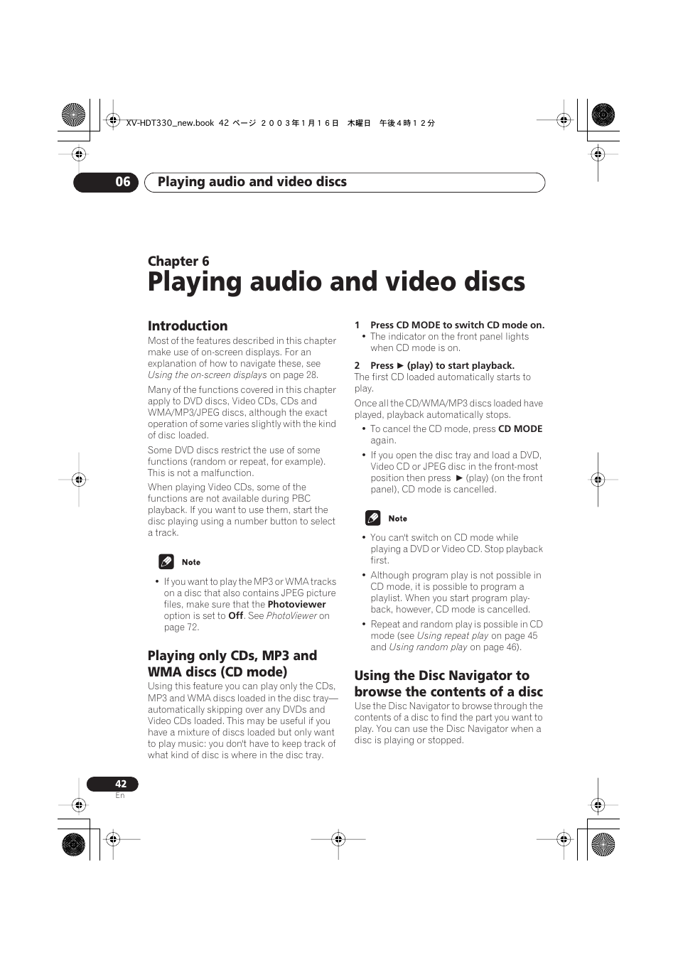 06 playing audio and video discs, Introduction, Playing only cds, mp3 and wma discs (cd mode) | Playing audio and video discs, Playing audio and video discs 06, Chapter 6 | Pioneer S-HTD330 User Manual | Page 42 / 92