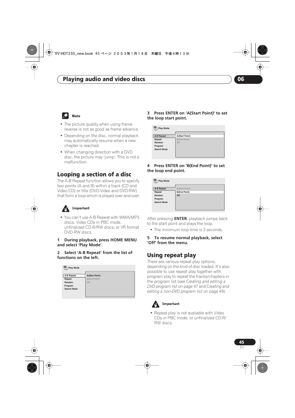 Looping a section of a disc, Using repeat play, Playing audio and video discs 06 | Pioneer S-HTD330 User Manual | Page 45 / 92