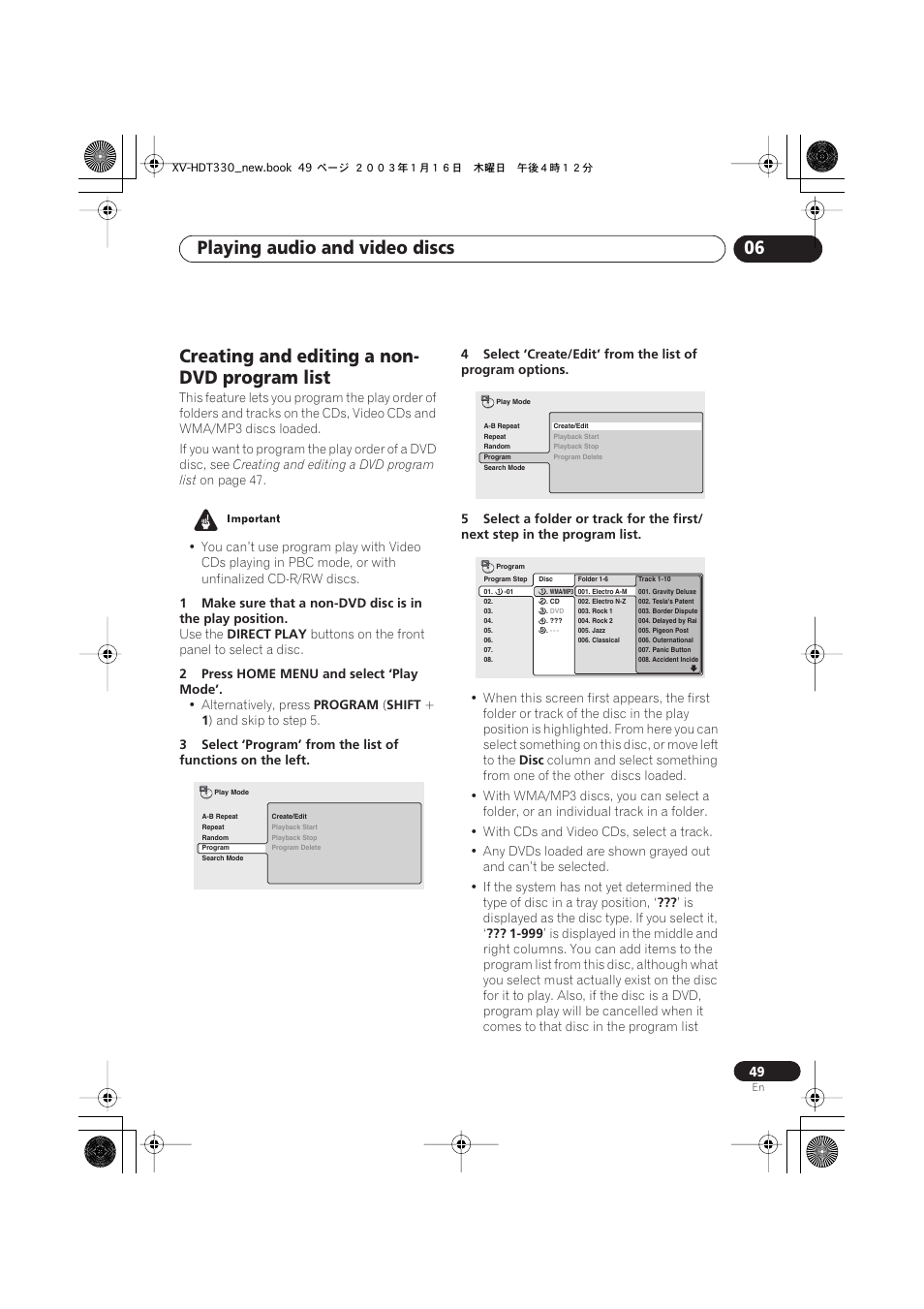 Creating and editing a non-dvd program list, Playing audio and video discs 06, Creating and editing a non- dvd program list | Pioneer S-HTD330 User Manual | Page 49 / 92