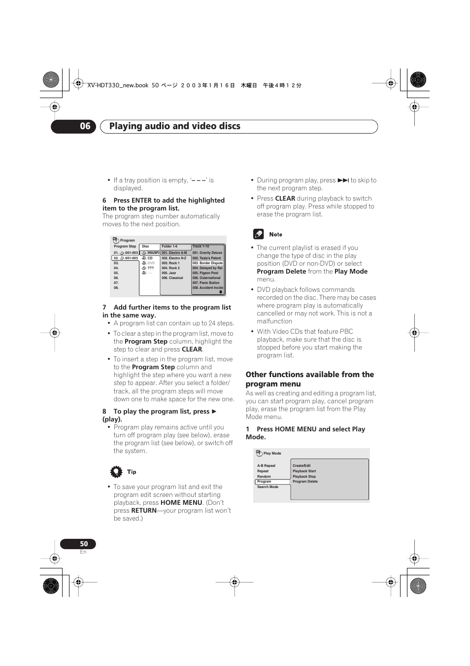 Other functions available from the program menu, Playing audio and video discs 06 | Pioneer S-HTD330 User Manual | Page 50 / 92