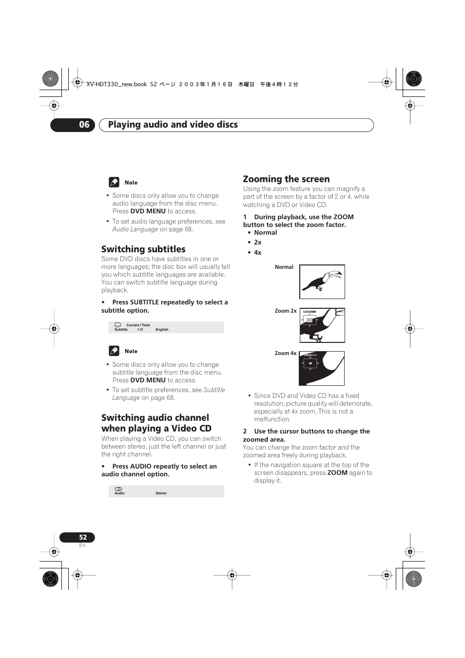 Switching subtitles, Switching audio channel when playing a video cd, Zooming the screen | Playing audio and video discs 06 | Pioneer S-HTD330 User Manual | Page 52 / 92