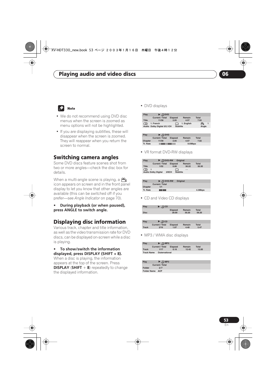 Switching camera angles, Displaying disc information, Playing audio and video discs 06 | Pioneer S-HTD330 User Manual | Page 53 / 92