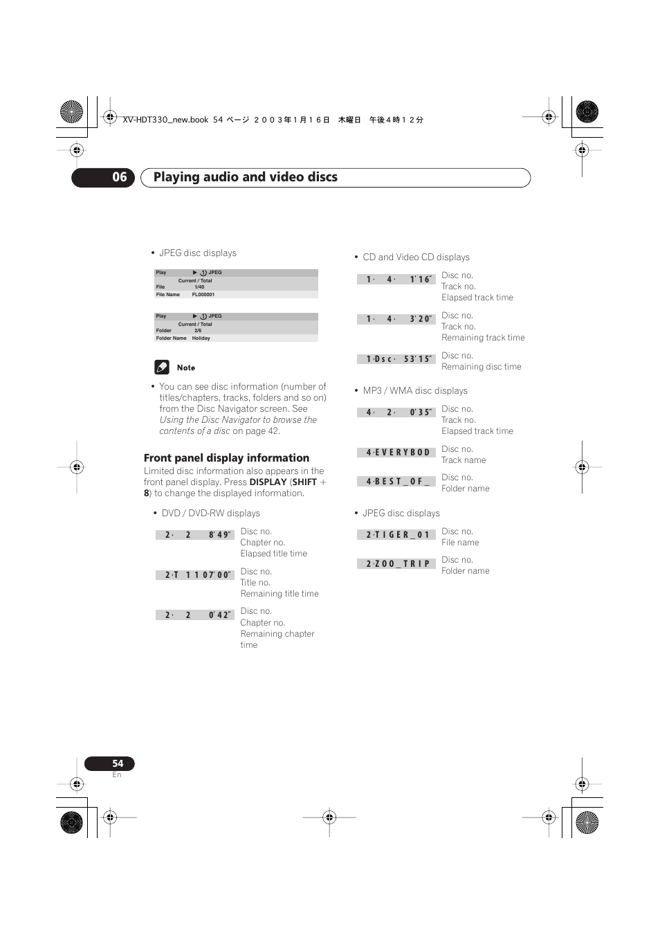 Front panel display information, Playing audio and video discs 06 | Pioneer S-HTD330 User Manual | Page 54 / 92