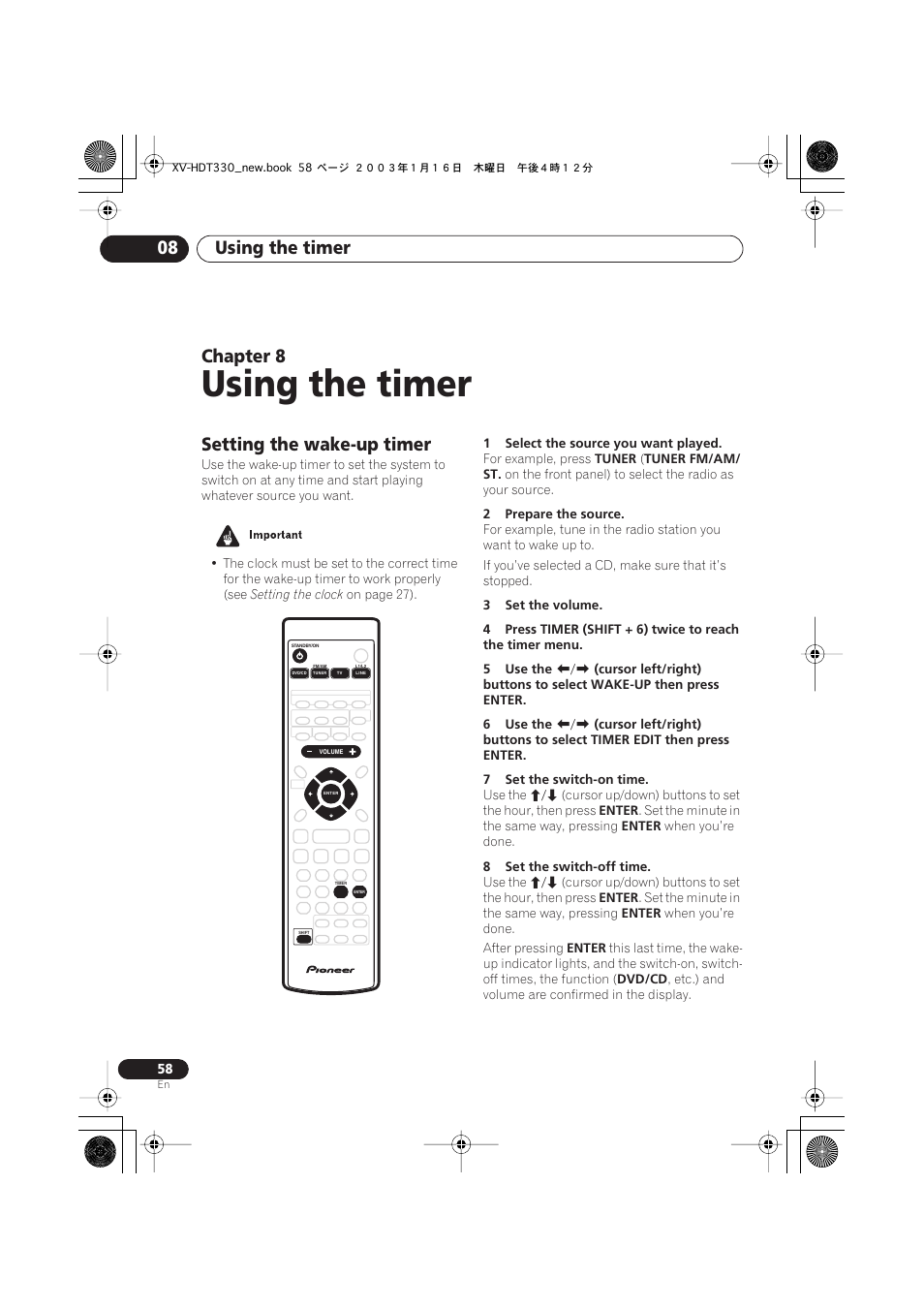 08 using the timer, Setting the wake-up timer, Using the timer | Using the timer 08, Chapter 8 | Pioneer S-HTD330 User Manual | Page 58 / 92