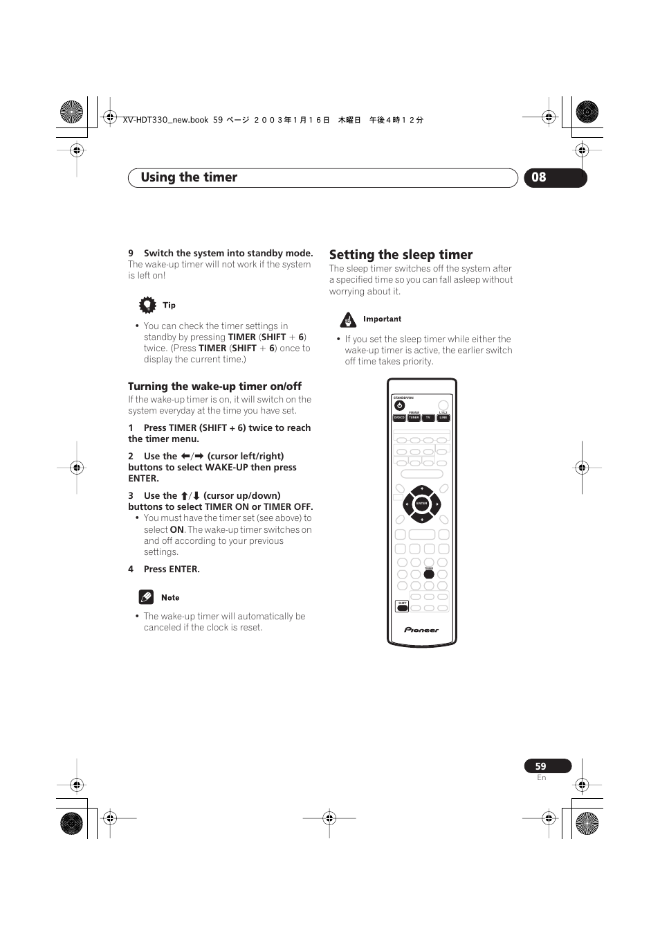 Turning the wake-up timer on/off, Setting the sleep timer, Using the timer 08 | Pioneer S-HTD330 User Manual | Page 59 / 92