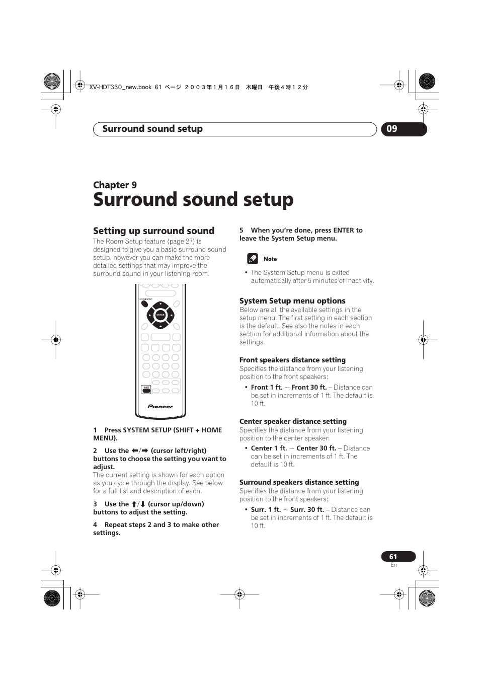 09 surround sound setup, Setting up surround sound, System setup menu options | Surround sound setup, Surround sound setup 09, Chapter 9 | Pioneer S-HTD330 User Manual | Page 61 / 92