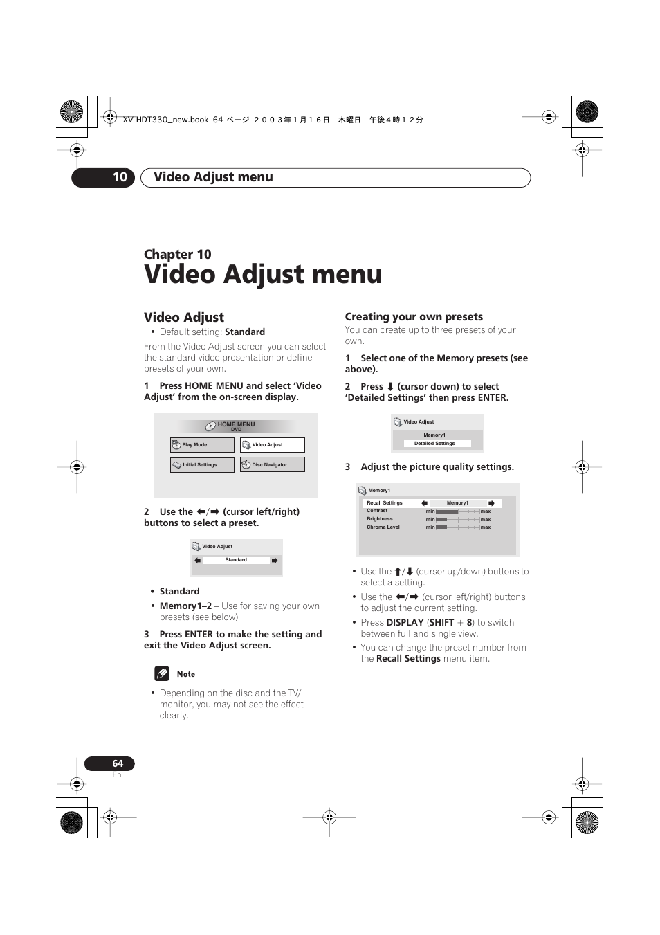 10 video adjust menu, Video adjust, Creating your own presets | Video adjust menu, Video adjust menu 10, Chapter 10 | Pioneer S-HTD330 User Manual | Page 64 / 92