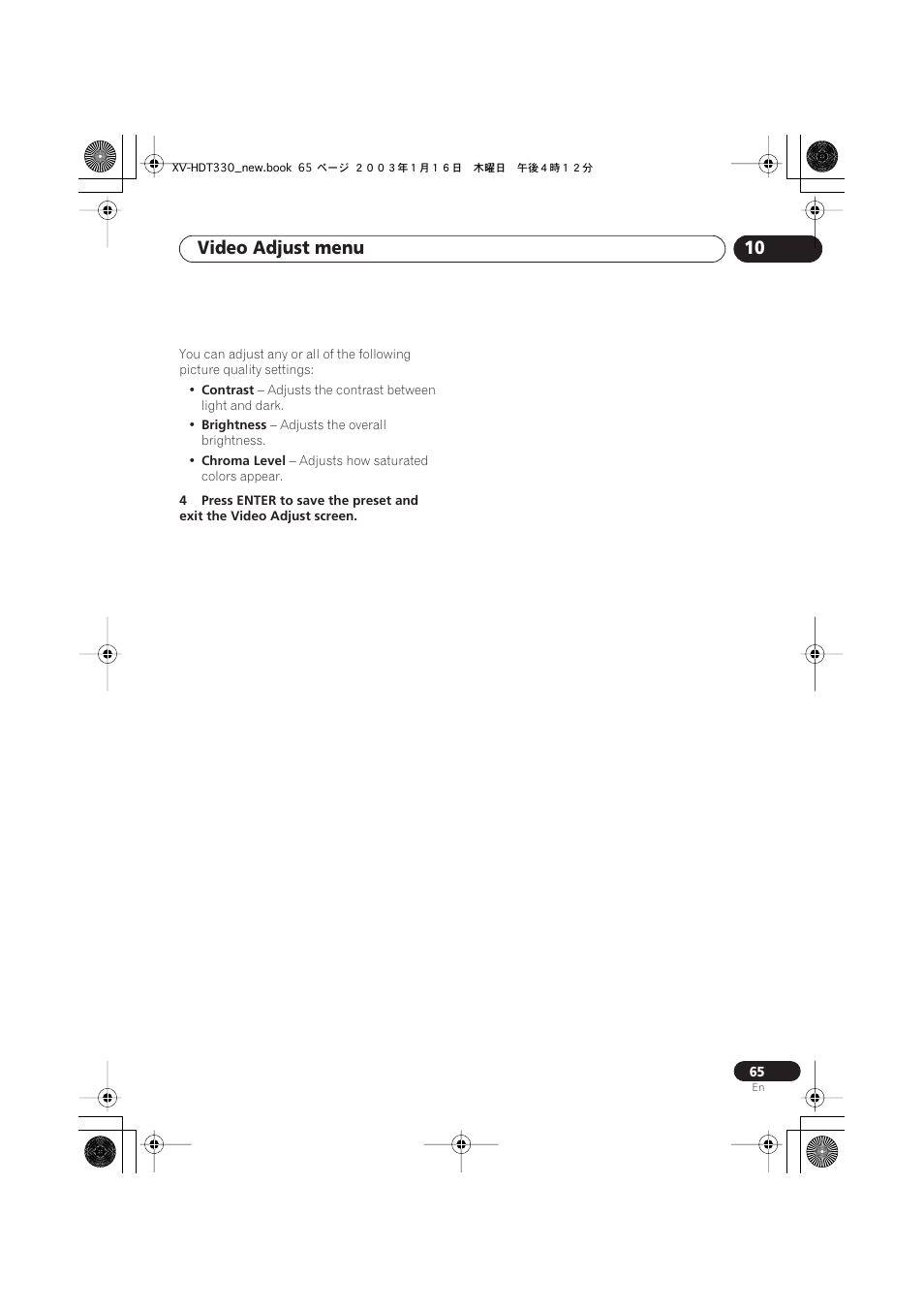 Video adjust menu 10 | Pioneer S-HTD330 User Manual | Page 65 / 92