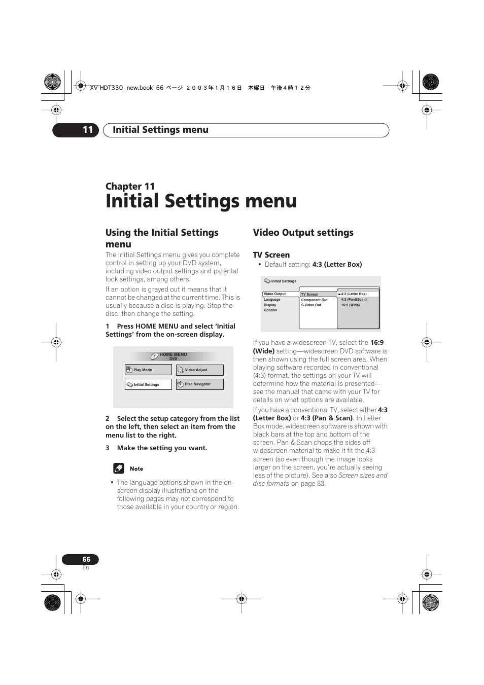 11 initial settings menu, Using the initial settings menu, Video output settings | Tv screen, Initial settings menu, Initial settings menu 11, Chapter 11 | Pioneer S-HTD330 User Manual | Page 66 / 92