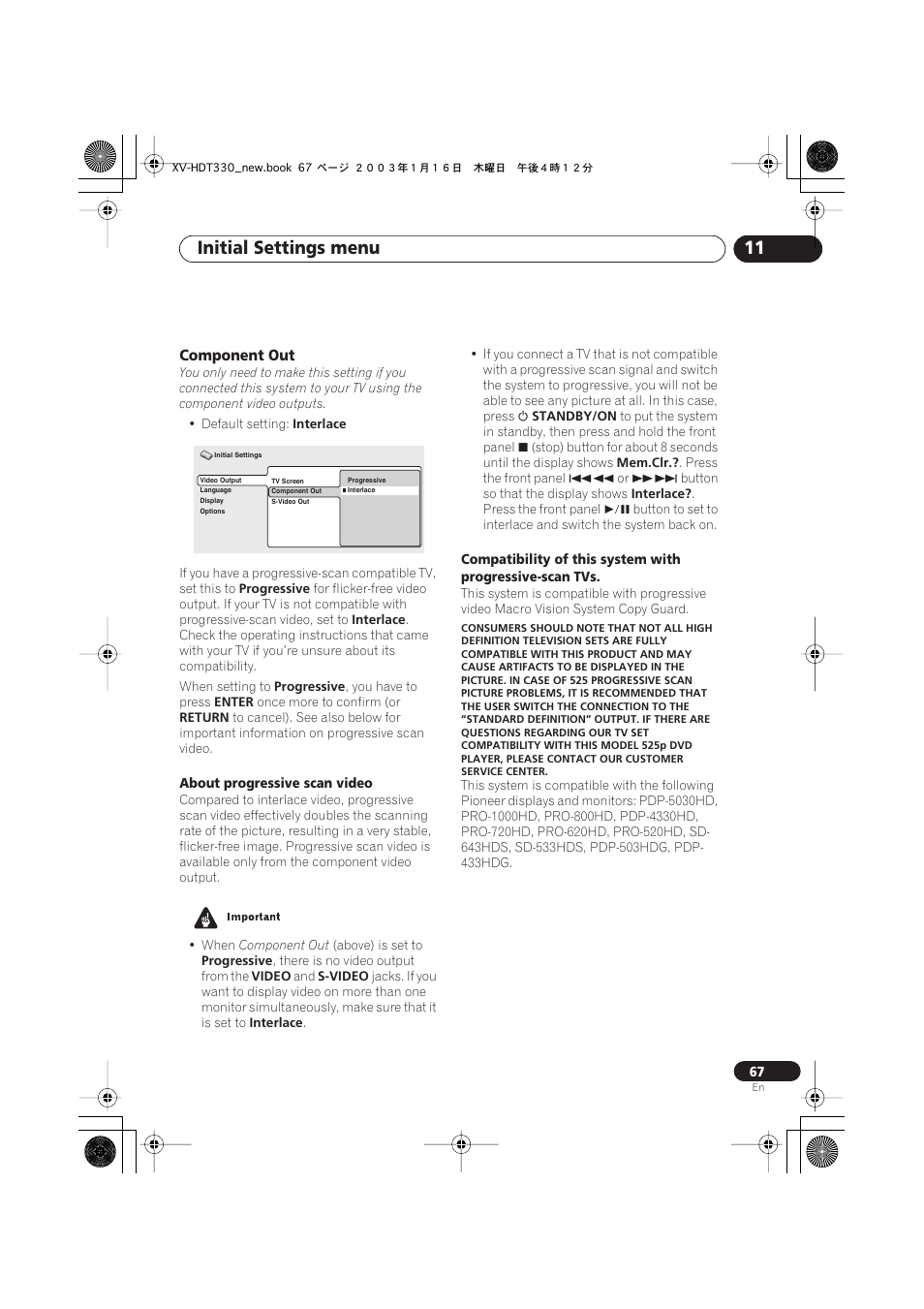 Component out, Initial settings menu 11 | Pioneer S-HTD330 User Manual | Page 67 / 92