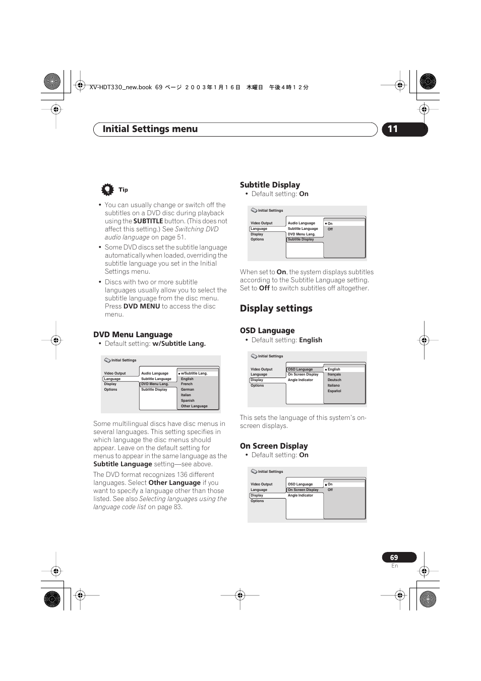 Dvd menu language, Subtitle display, Display settings | Osd language, On screen display, Initial settings menu 11 | Pioneer S-HTD330 User Manual | Page 69 / 92