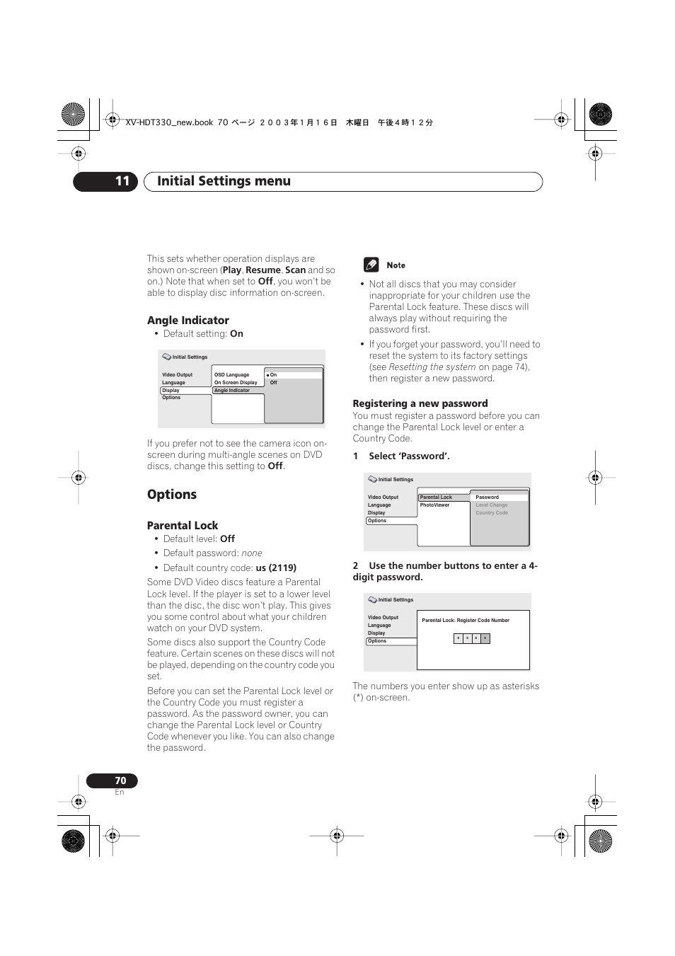 Angle indicator, Options, Parental lock | Initial settings menu 11 | Pioneer S-HTD330 User Manual | Page 70 / 92