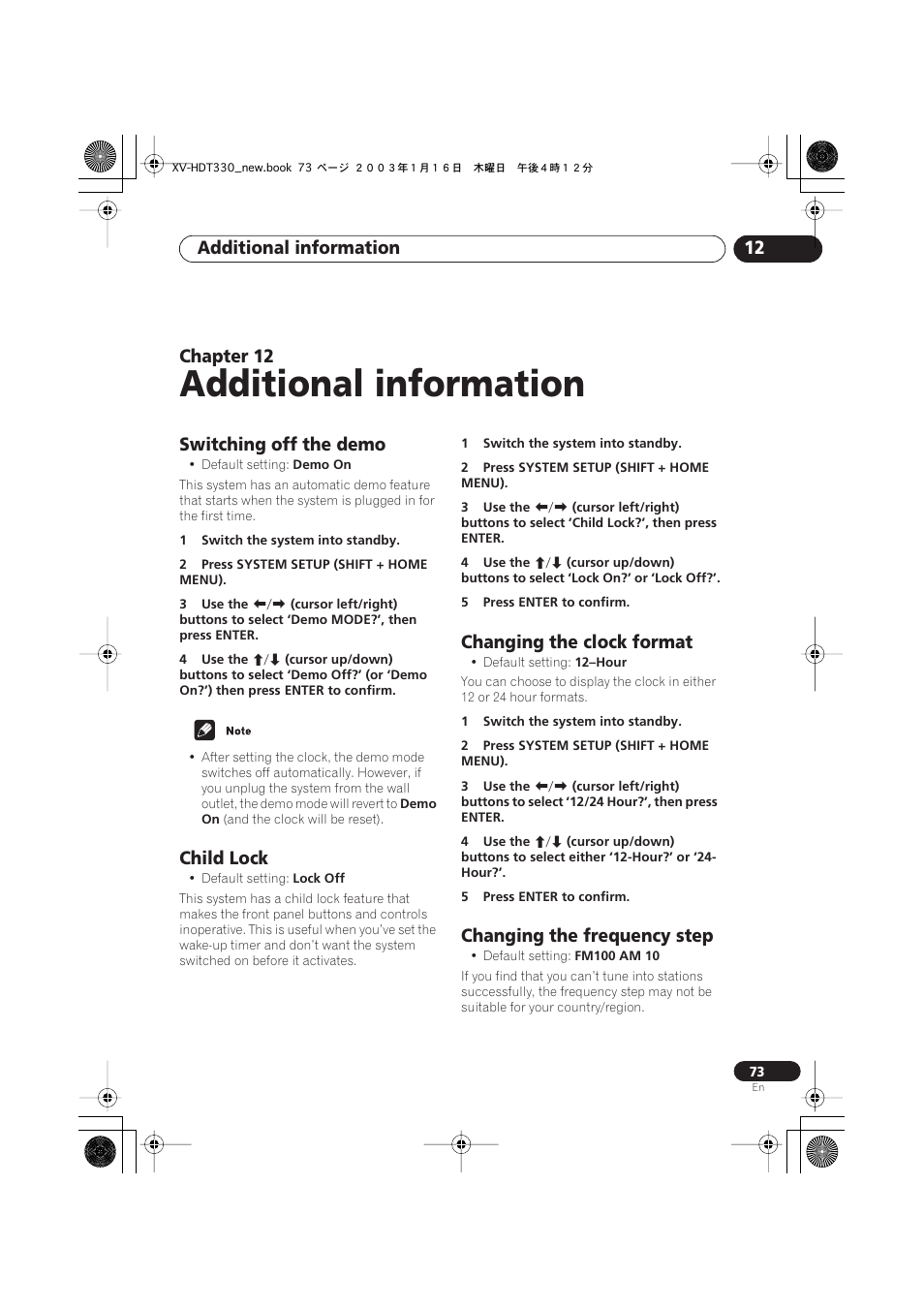 12 additional information, Switching off the demo, Child lock | Changing the clock format, Changing the frequency step, Additional information, Additional information 12, Chapter 12 | Pioneer S-HTD330 User Manual | Page 73 / 92