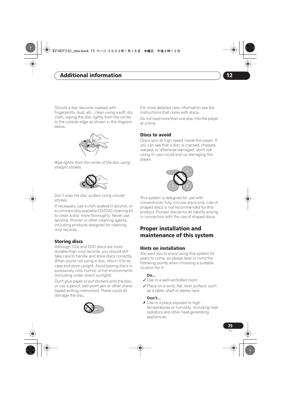 Storing discs, Discs to avoid, Proper installation and maintenance of this system | Hints on installation, Additional information 12 | Pioneer S-HTD330 User Manual | Page 75 / 92