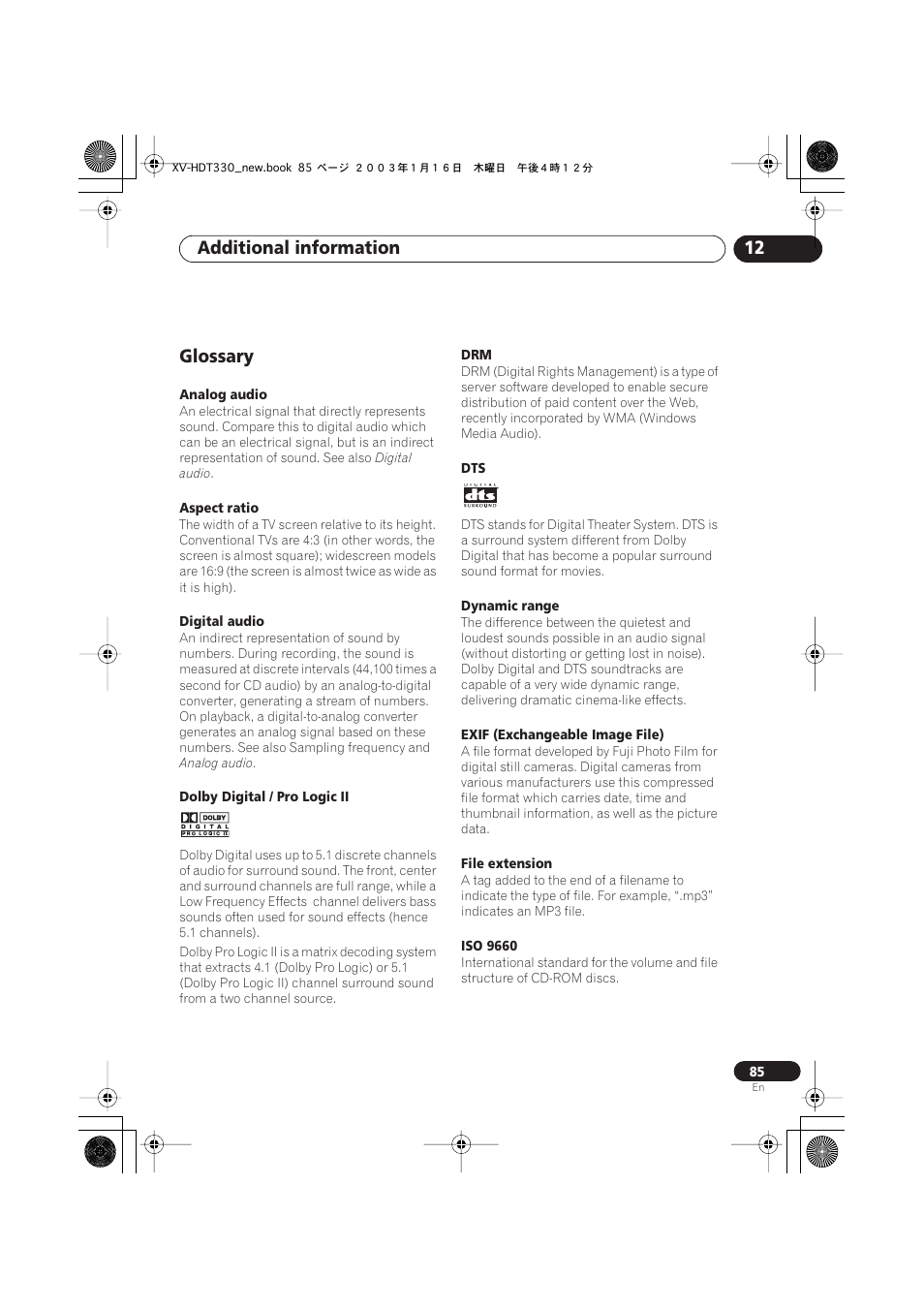 Glossary, Additional information 12 | Pioneer S-HTD330 User Manual | Page 85 / 92