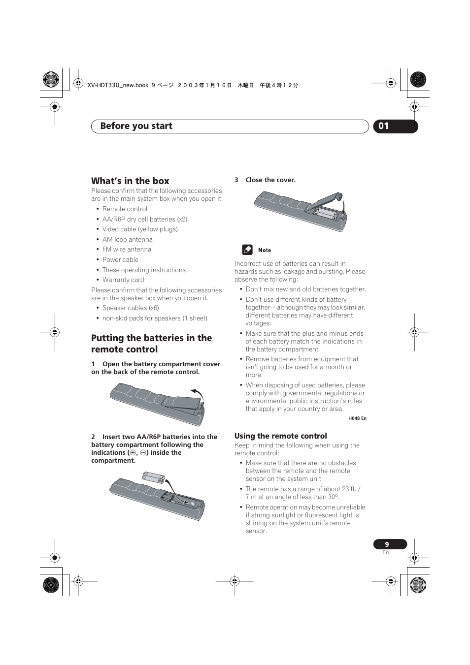 What’s in the box, Putting the batteries in the remote control, Using the remote control | Before you start 01 | Pioneer S-HTD330 User Manual | Page 9 / 92