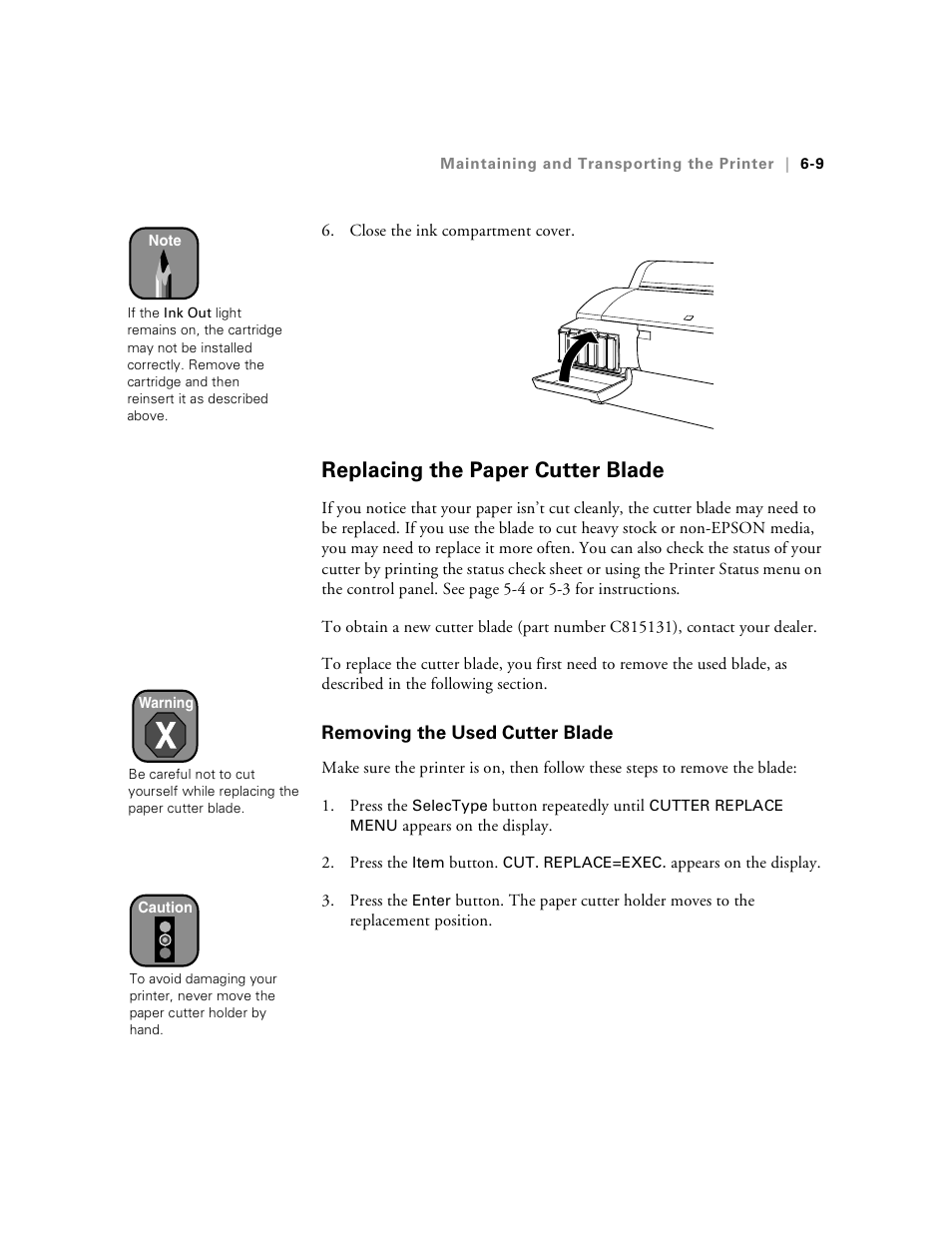 Replacing the paper cutter blade, Removing the used cutter blade, Replacing the paper cutter blade -9 | Removing the used cutter blade -9 | Epson Stylus Pro 7000 User Manual | Page 101 / 147