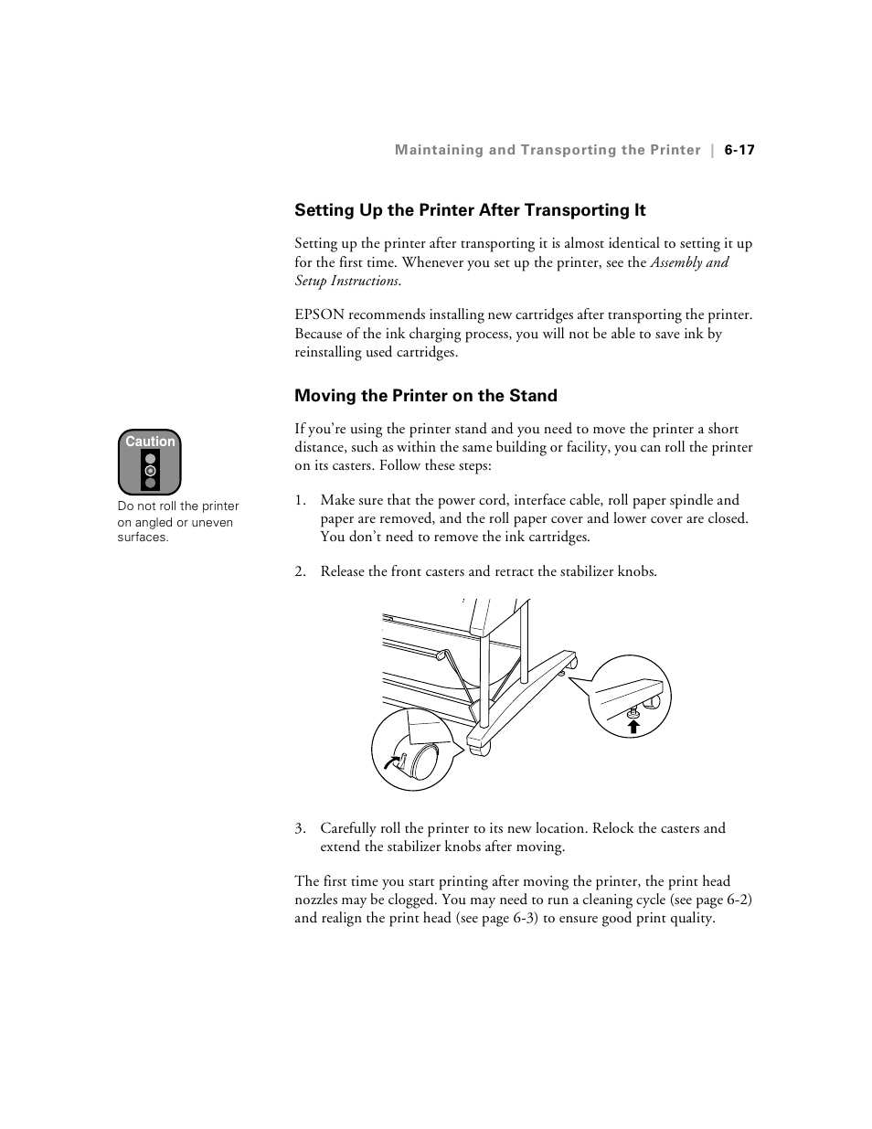 Setting up the printer after transporting it, Moving the printer on the stand | Epson Stylus Pro 7000 User Manual | Page 109 / 147