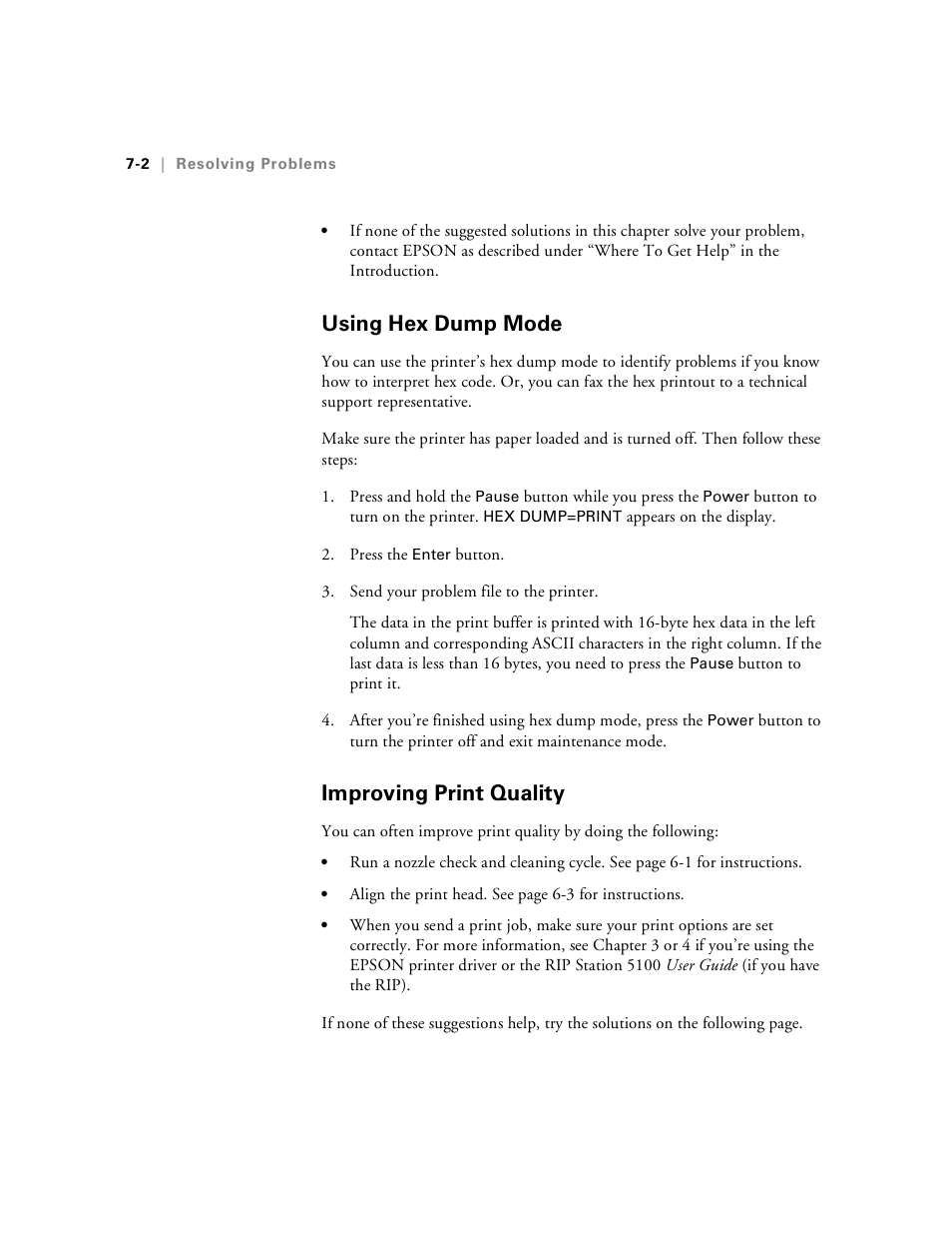 Using hex dump mode, Improving print quality, Using hex dump mode -2 improving print quality -2 | Epson Stylus Pro 7000 User Manual | Page 112 / 147