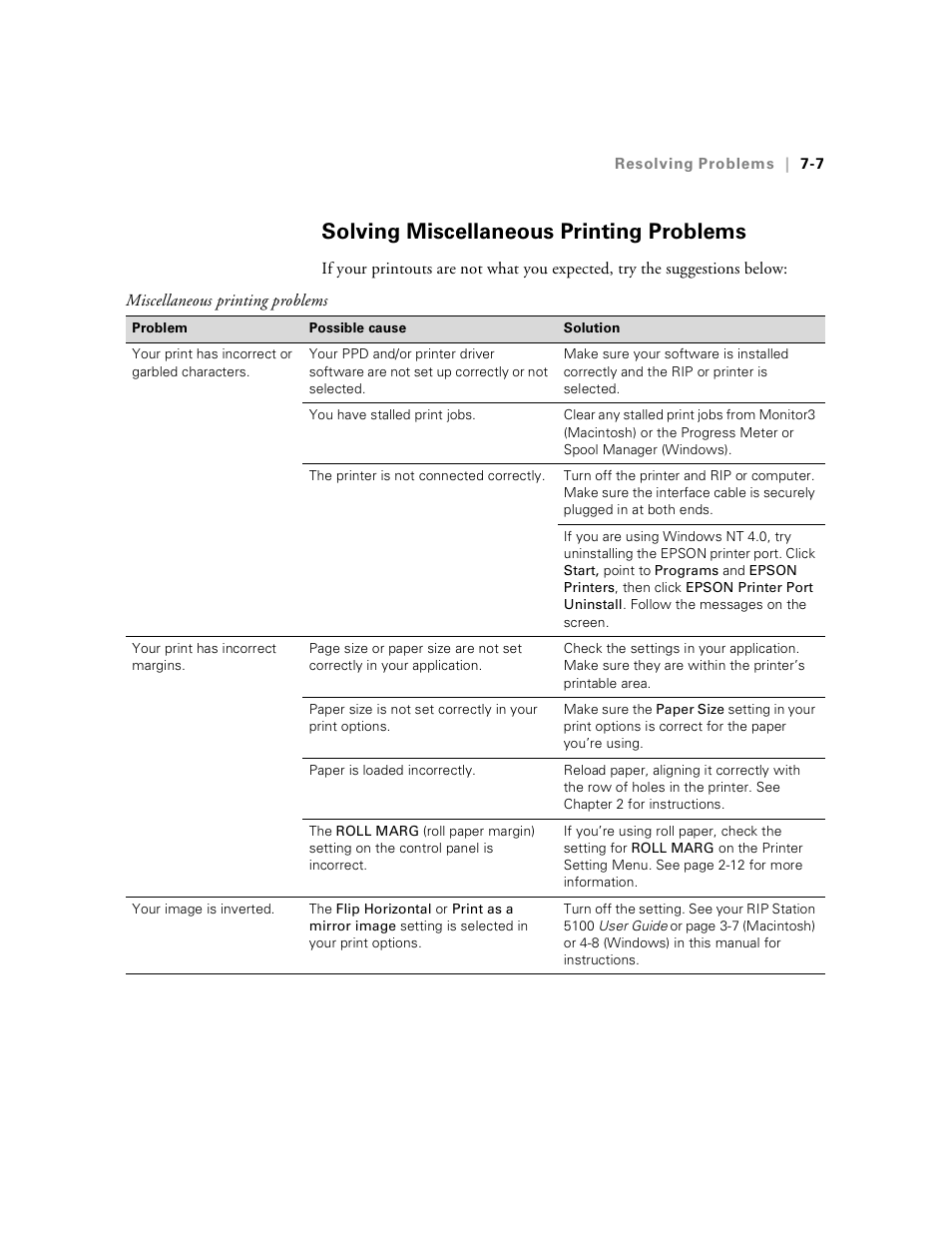 Solving miscellaneous printing problems, Solving miscellaneous printing problems -7 | Epson Stylus Pro 7000 User Manual | Page 117 / 147