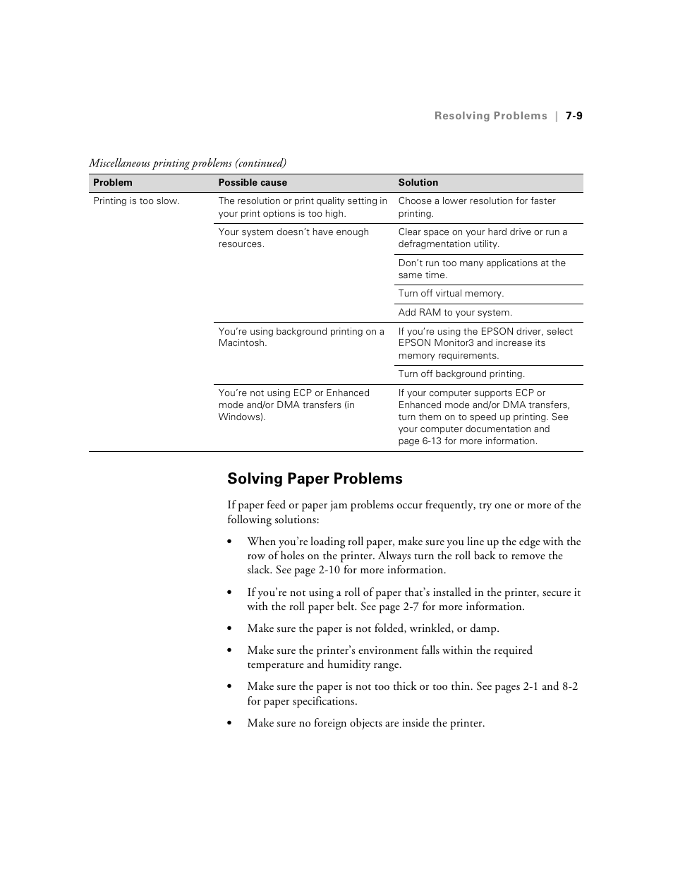 Solving paper problems, Solving paper problems -9 | Epson Stylus Pro 7000 User Manual | Page 119 / 147