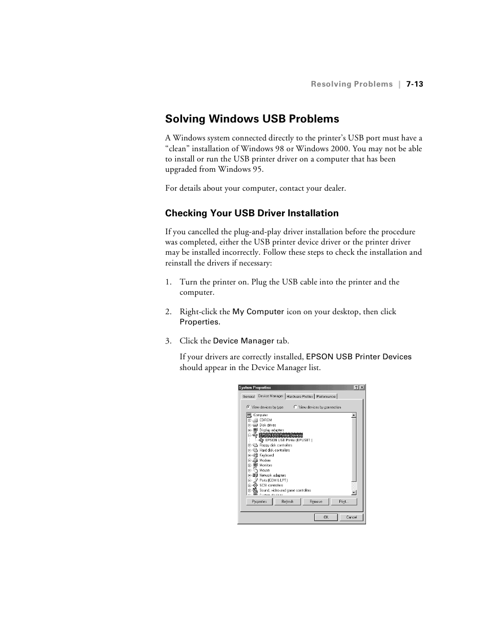 Solving windows usb problems, Checking your usb driver installation, Solving windows usb problems -13 | Checking your usb driver installation -13 | Epson Stylus Pro 7000 User Manual | Page 123 / 147