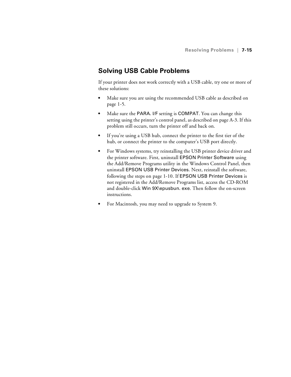 Solving usb cable problems, Solving usb cable problems -15 | Epson Stylus Pro 7000 User Manual | Page 125 / 147