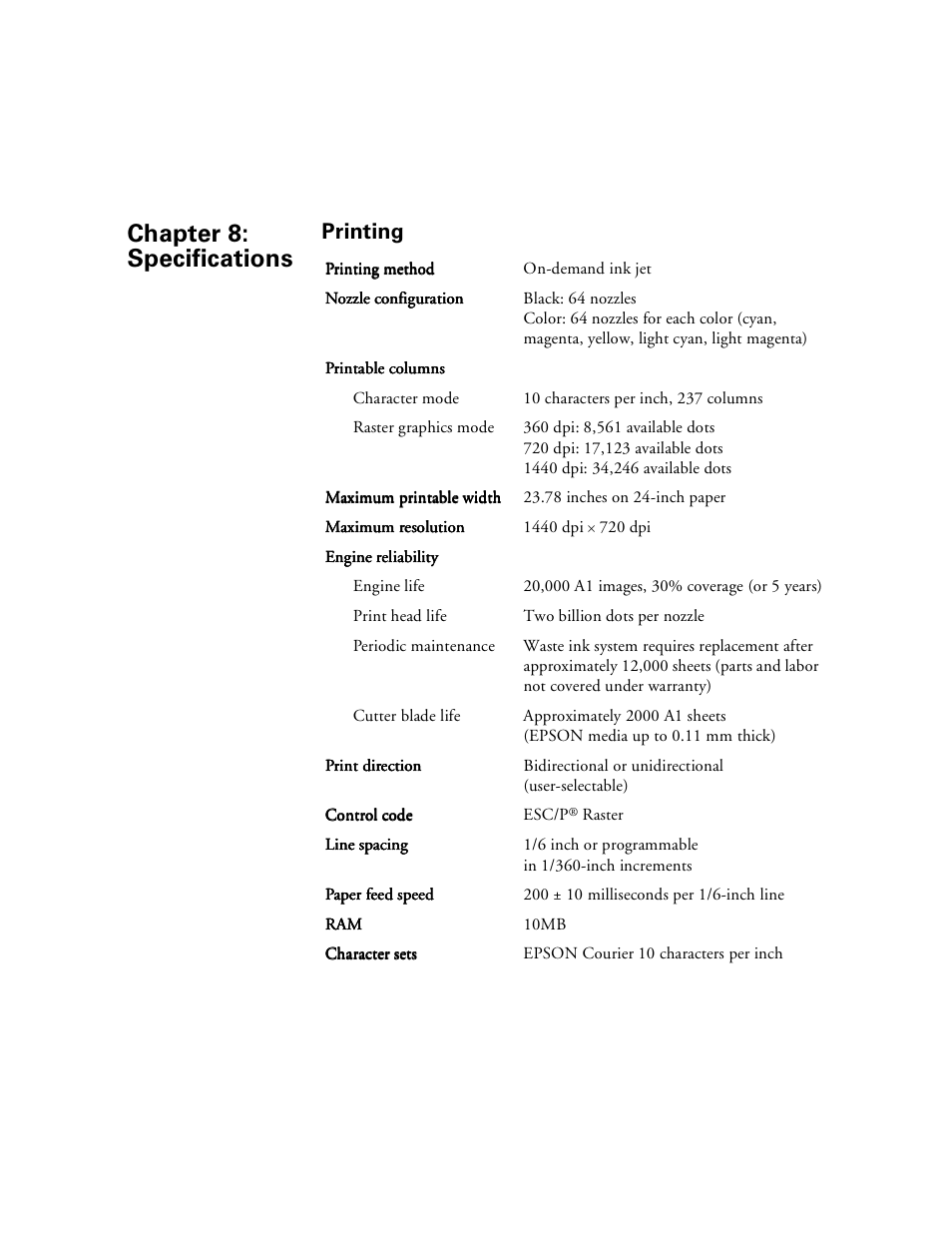 Printing, Chap 8-specifications, 8 specifications | Printing -1, Chapter 8: specifications | Epson Stylus Pro 7000 User Manual | Page 127 / 147