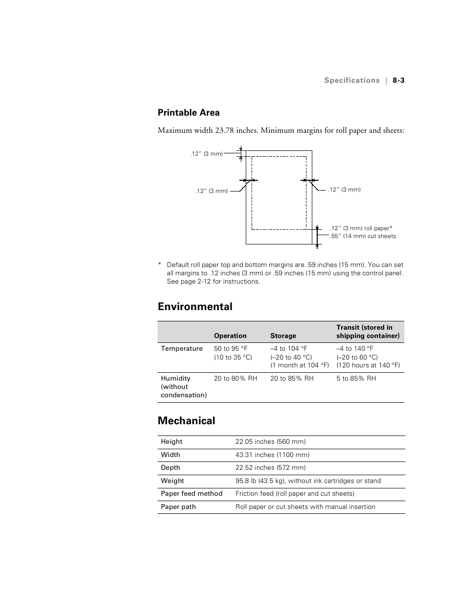 Printable area, Environmental, Mechanical | Printable area -3, Environmental -3 mechanical -3, Environmental mechanical | Epson Stylus Pro 7000 User Manual | Page 129 / 147