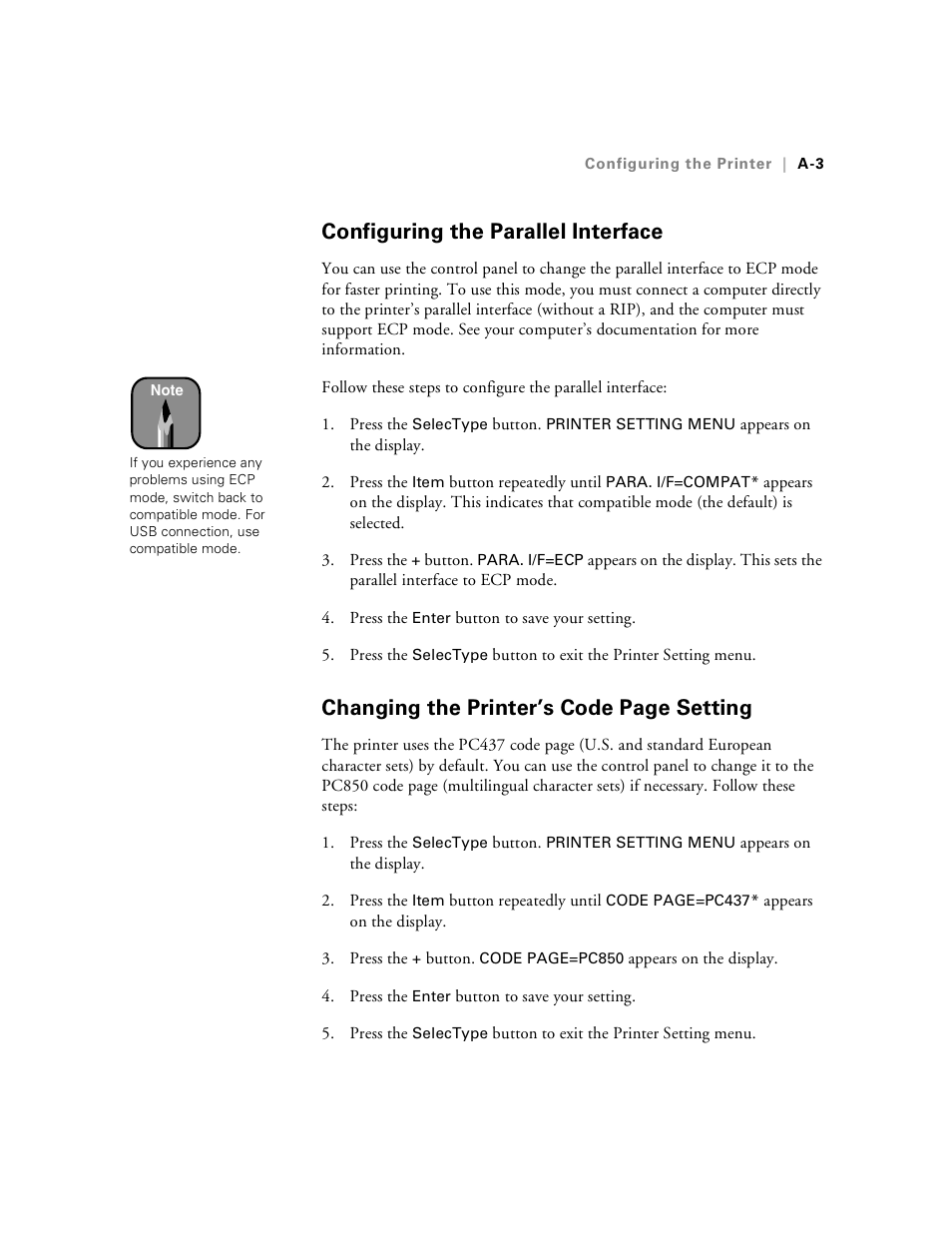 Configuring the parallel interface, Changing the printer’s code page setting | Epson Stylus Pro 7000 User Manual | Page 137 / 147