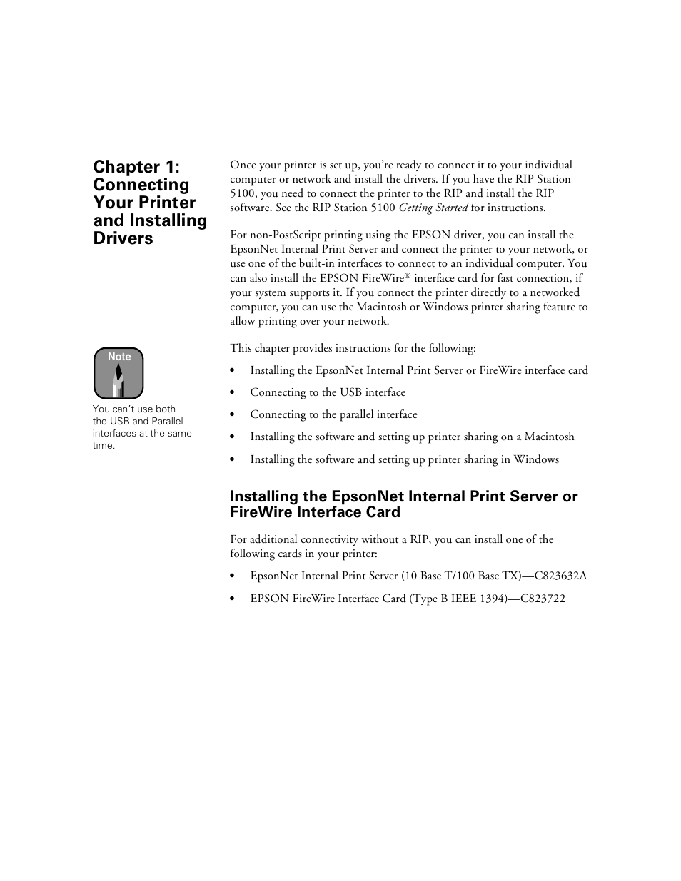 1 connecting your printer and, Installing drivers, Installing the epsonnet internal print server | Or firewire interface card -1 | Epson Stylus Pro 7000 User Manual | Page 17 / 147