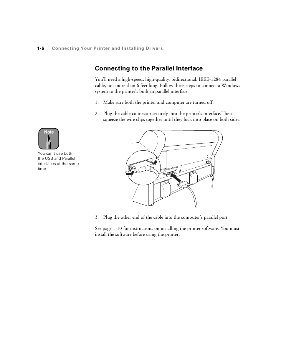 Connecting to the parallel interface, Connecting to the parallel interface -6 | Epson Stylus Pro 7000 User Manual | Page 22 / 147