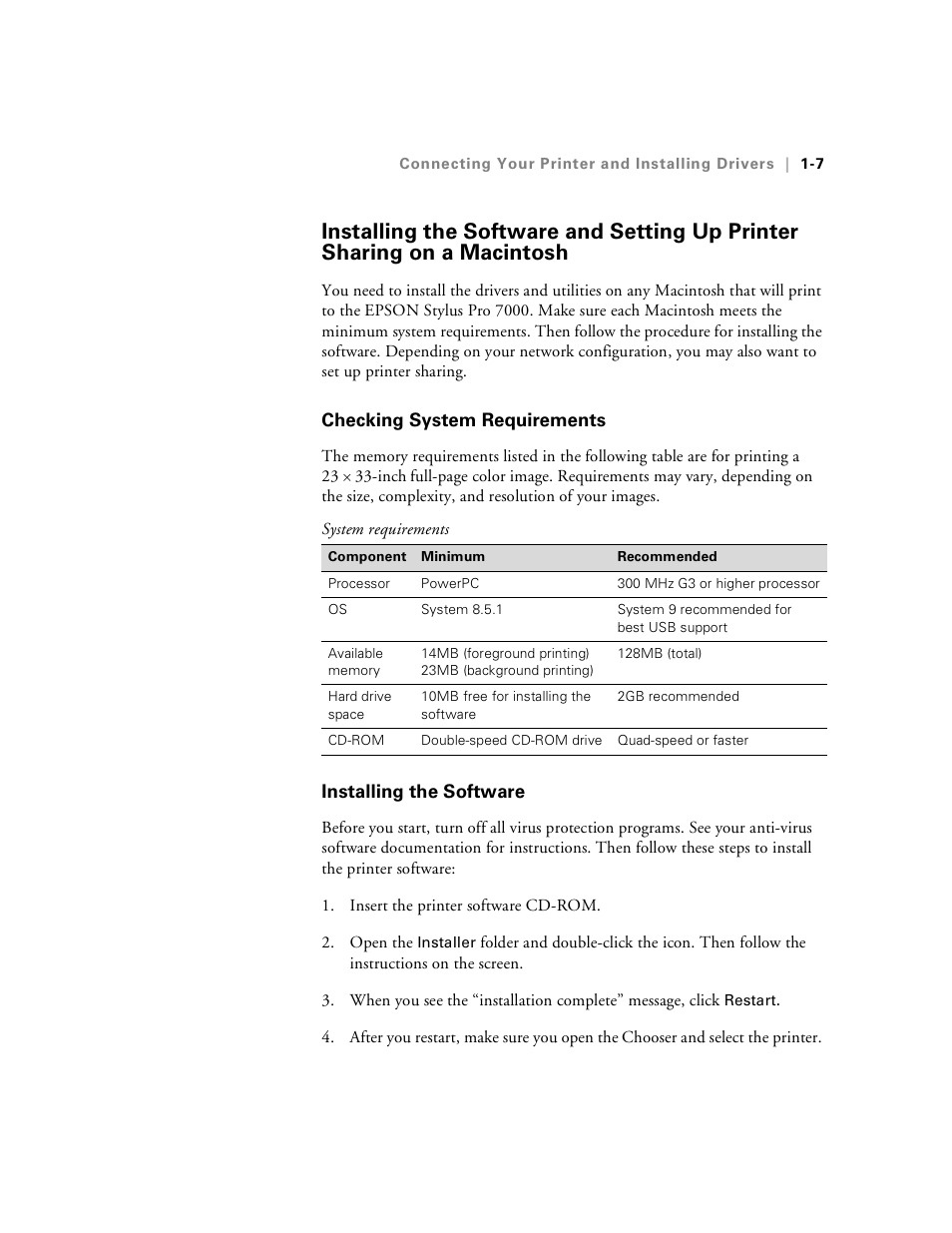 Checking system requirements, Installing the software | Epson Stylus Pro 7000 User Manual | Page 23 / 147