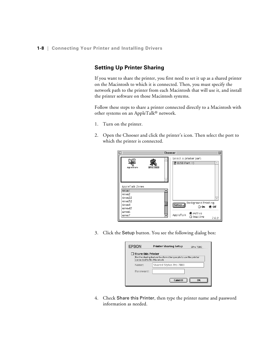 Setting up printer sharing, Setting up printer sharing -8 | Epson Stylus Pro 7000 User Manual | Page 24 / 147