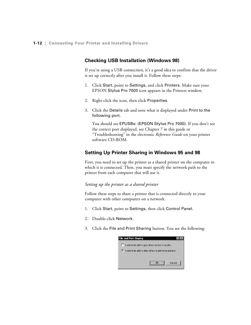 Checking usb installation (windows 98), Setting up printer sharing in windows 95 and 98 | Epson Stylus Pro 7000 User Manual | Page 28 / 147