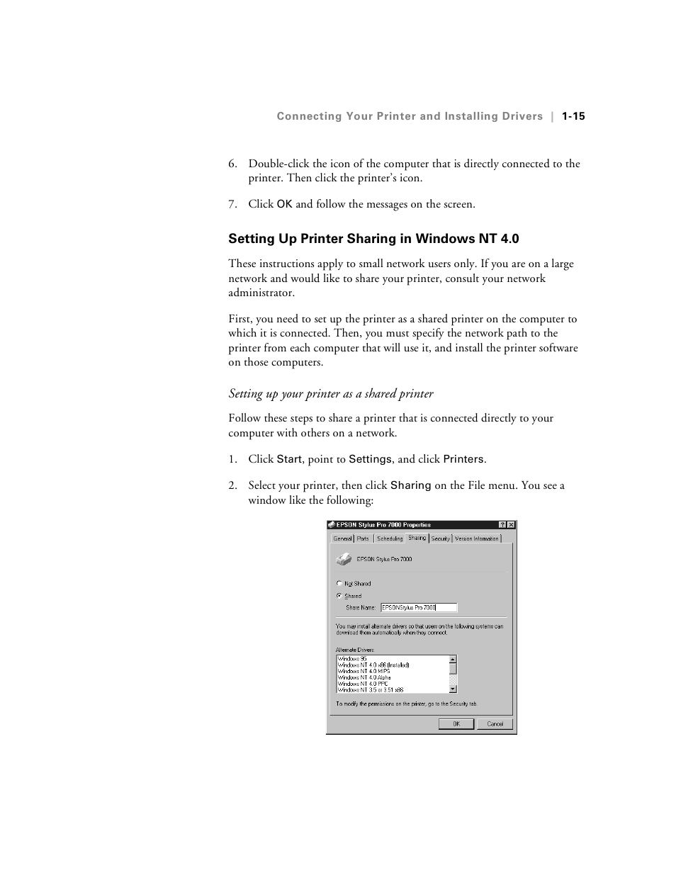 Setting up printer sharing in windows nt 4.0, Setting up printer sharing in windows nt 4.0 -15 | Epson Stylus Pro 7000 User Manual | Page 31 / 147