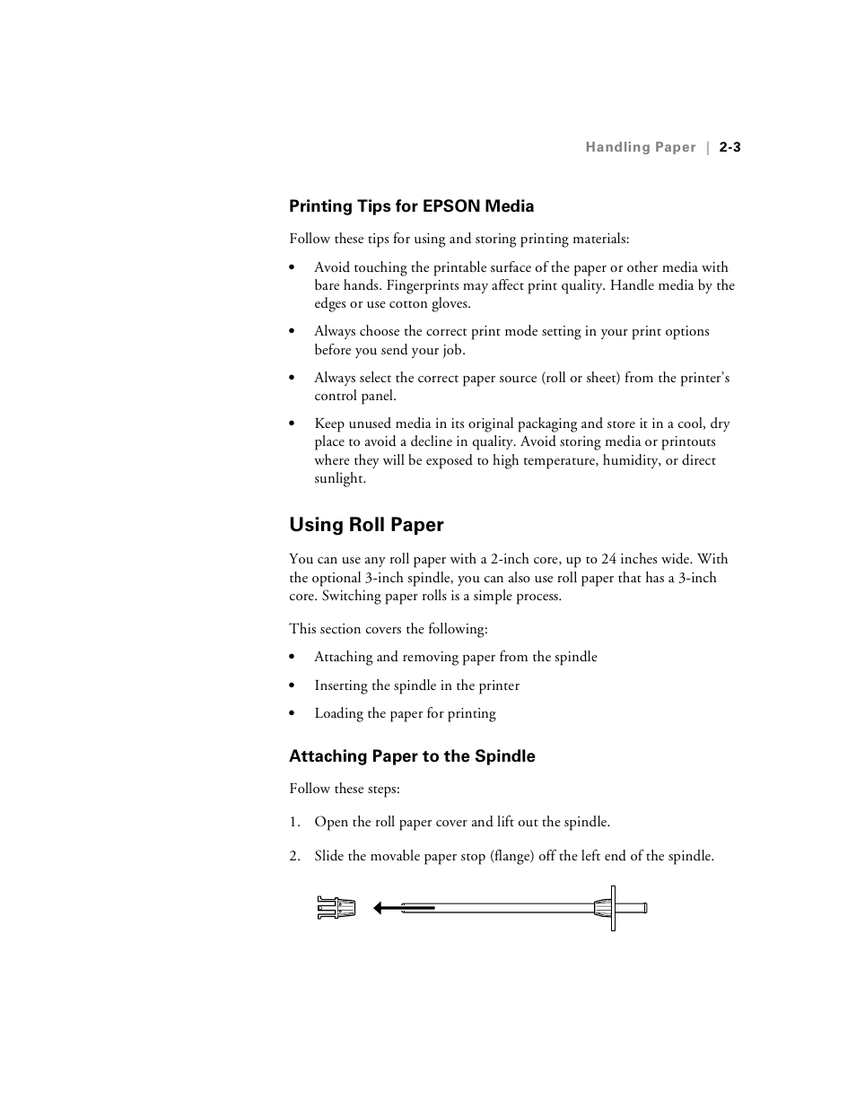 Printing tips for epson media, Using roll paper, Attaching paper to the spindle | Printing tips for epson media -3, Using roll paper -3, Attaching paper to the spindle -3 | Epson Stylus Pro 7000 User Manual | Page 37 / 147