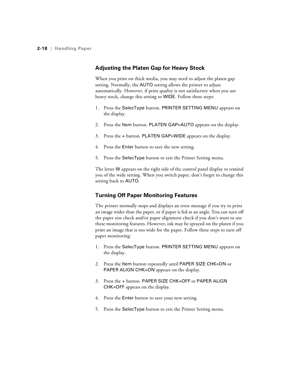 Adjusting the platen gap for heavy stock, Turning off paper monitoring features | Epson Stylus Pro 7000 User Manual | Page 52 / 147