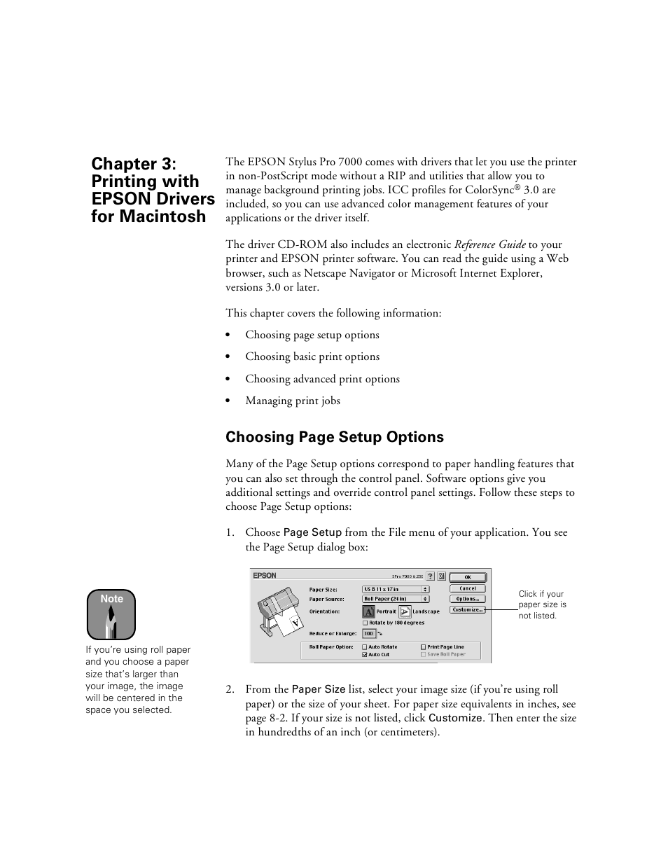 Chap 3-printing with epson drivers for macintosh, 3 printing with epson drivers for macintosh, Choosing page setup options | Epson Stylus Pro 7000 User Manual | Page 57 / 147