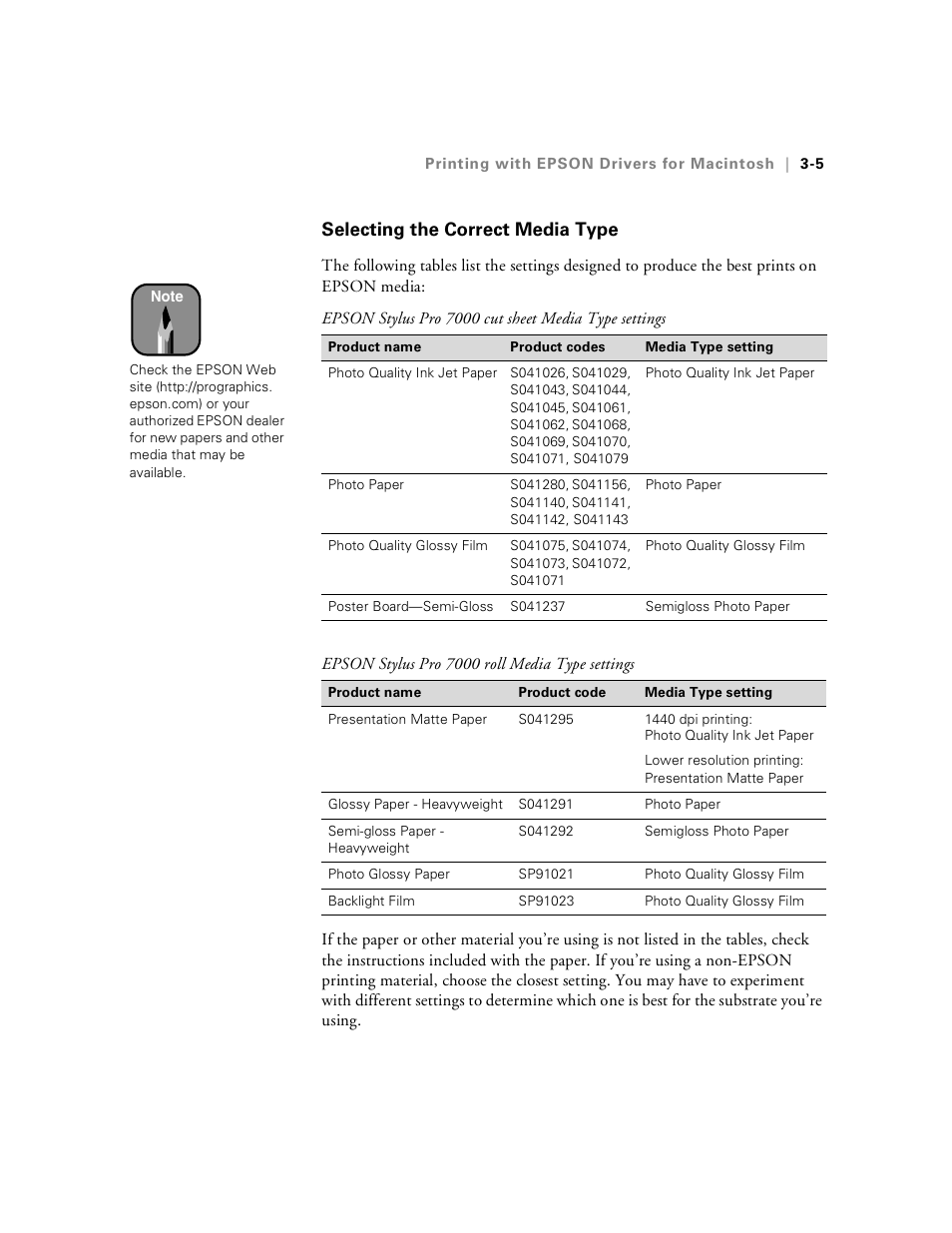 Selecting the correct media type, Selecting the correct media type -5 | Epson Stylus Pro 7000 User Manual | Page 61 / 147