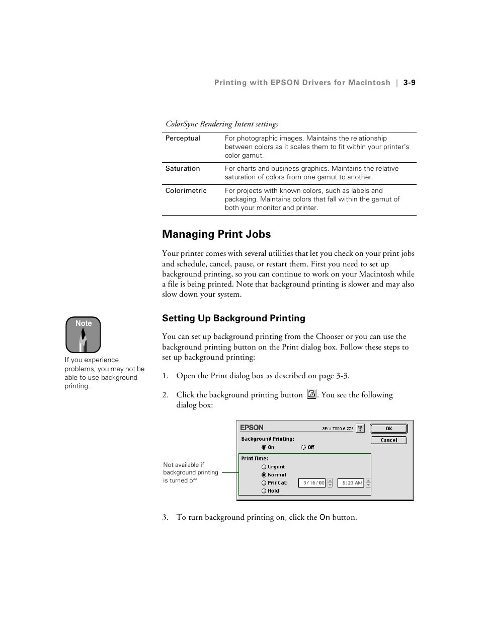 Managing print jobs, Setting up background printing, Managing print jobs -9 | Setting up background printing -9 | Epson Stylus Pro 7000 User Manual | Page 65 / 147