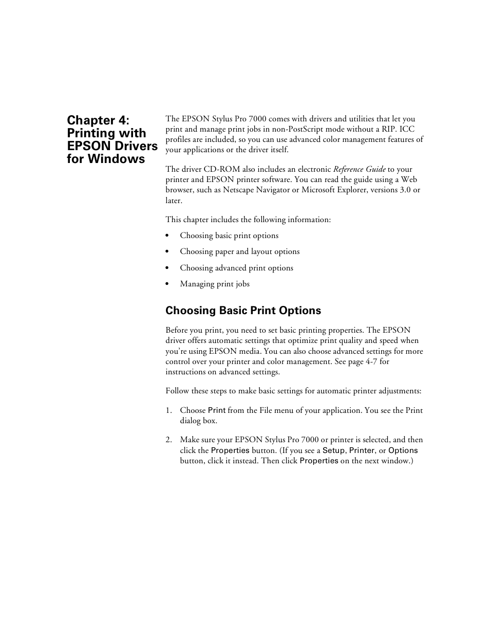 Choosing basic print options, Chap 4-printing with epson drivers for windows, 4 printing with epson drivers for windows | Choosing basic print options -1, Chapter 4: printing with epson drivers for windows | Epson Stylus Pro 7000 User Manual | Page 69 / 147
