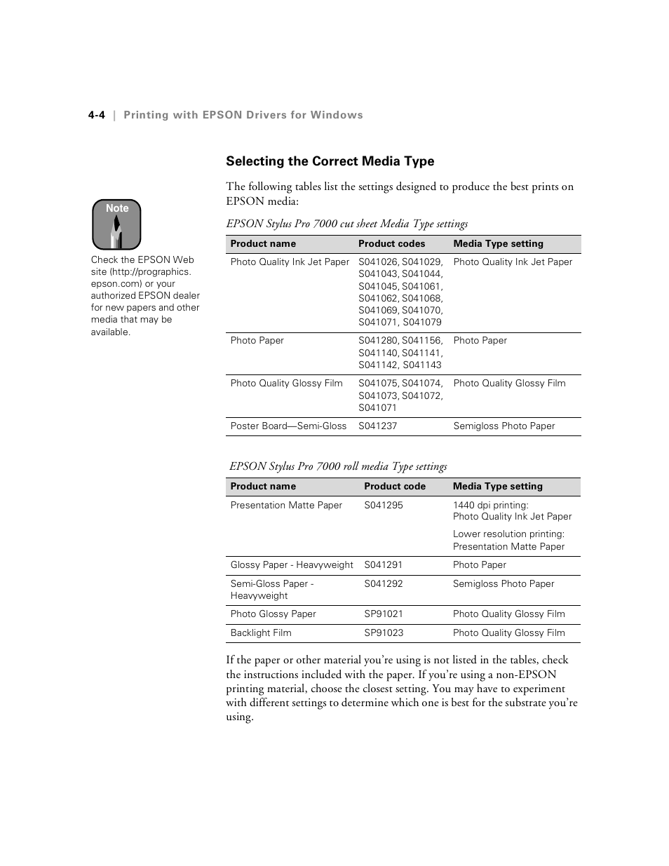 Selecting the correct media type, Selecting the correct media type -4 | Epson Stylus Pro 7000 User Manual | Page 72 / 147