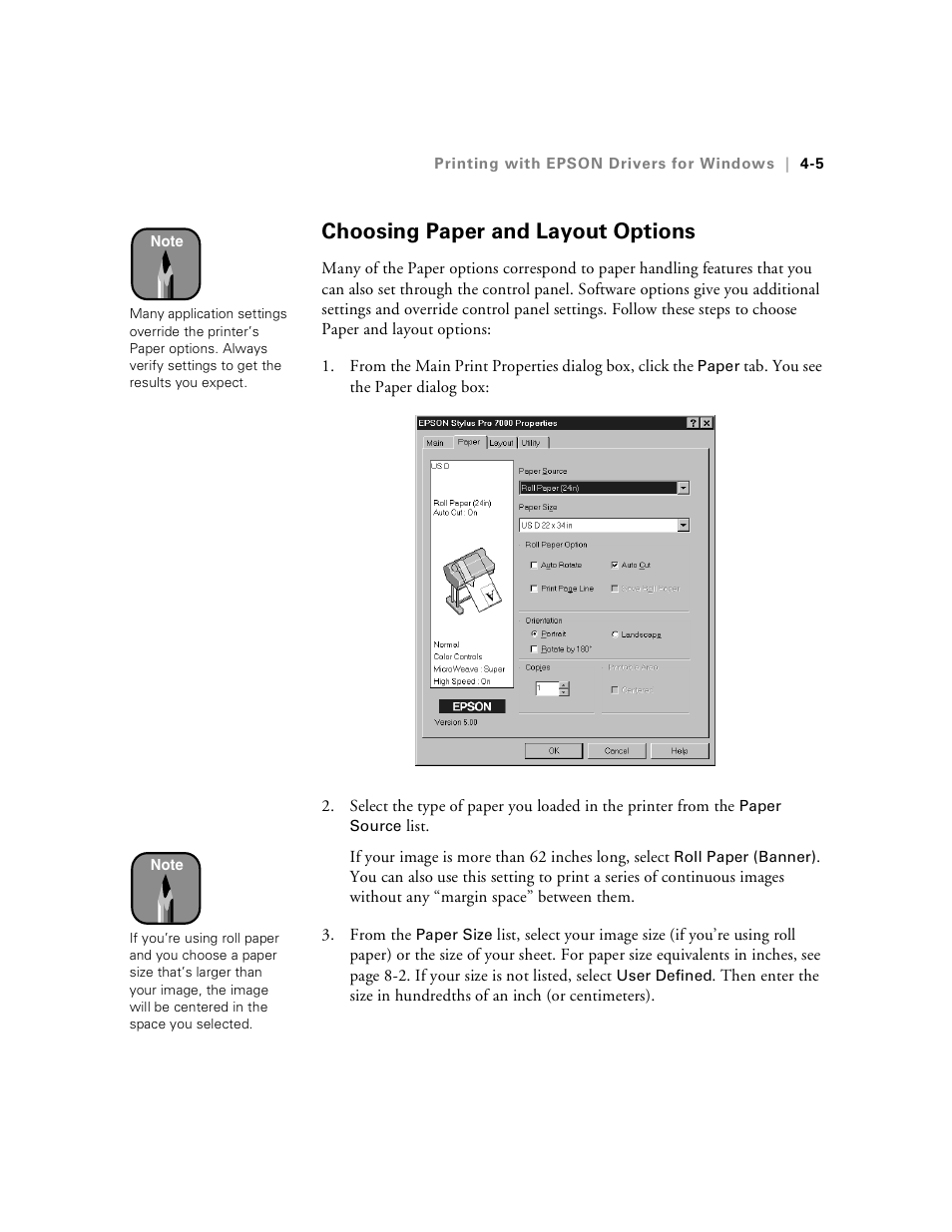 Choosing paper and layout options, Choosing paper and layout options -5 | Epson Stylus Pro 7000 User Manual | Page 73 / 147