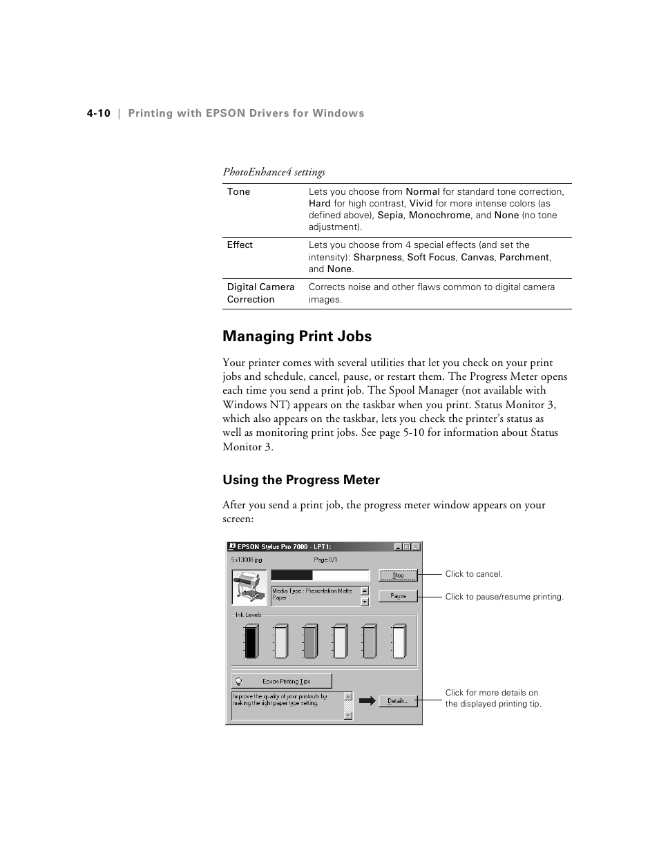 Managing print jobs, Using the progress meter, Managing print jobs -10 | Using the progress meter -10 | Epson Stylus Pro 7000 User Manual | Page 78 / 147