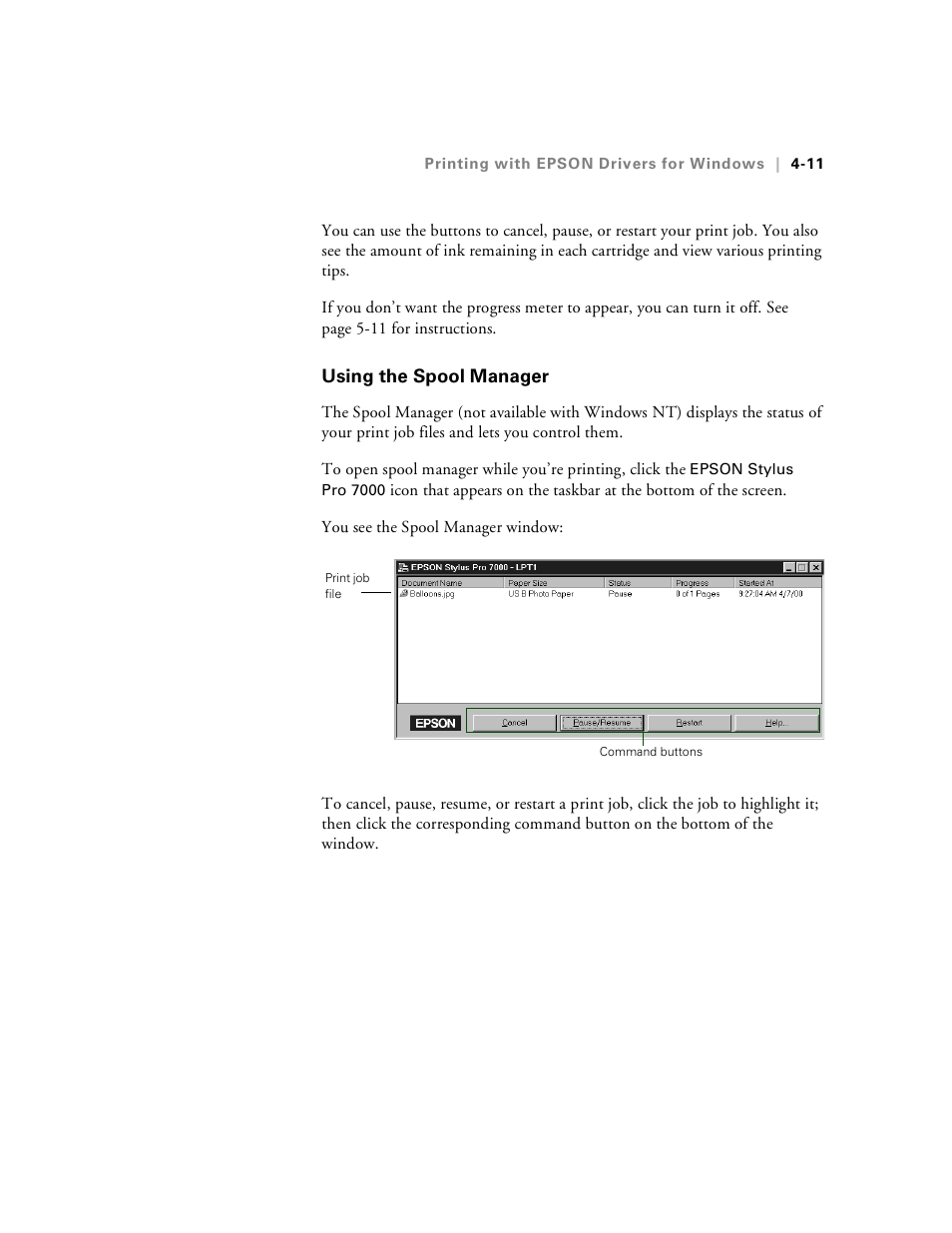 Using the spool manager, Using the spool manager -11, 7 resolving problems | Epson Stylus Pro 7000 User Manual | Page 79 / 147